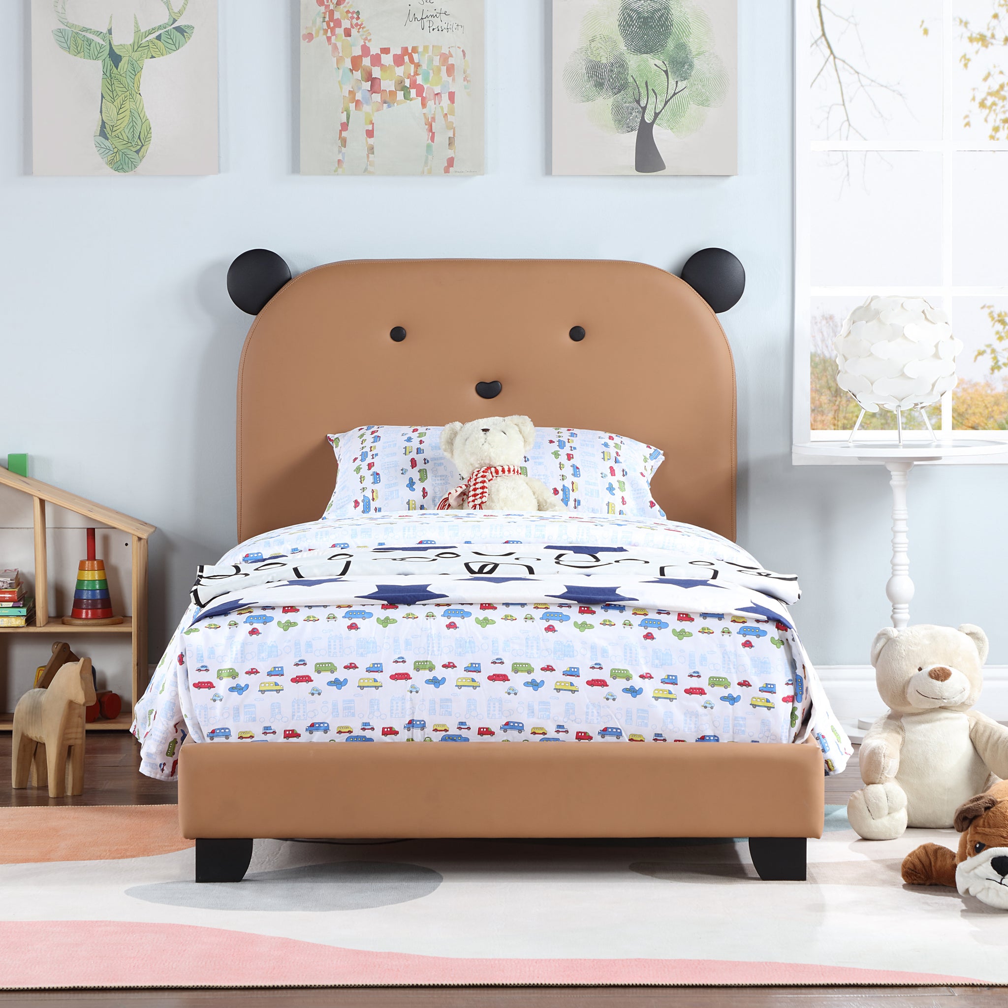 Upholstered Twin Size Platform Bed For Kids, Wooden Bed Frame With Slatted Bed Base, No Box Spring Needed, Cute Bed Frame With Bear Design Headboard For Girls Boys Teens, Brown Box Spring Not Required Twin Brown Wood Kids Faux Leather Acacia Wood