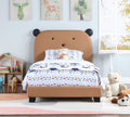 Upholstered Twin Size Platform Bed For Kids, Wooden Bed Frame With Slatted Bed Base, No Box Spring Needed, Cute Bed Frame With Bear Design Headboard For Girls Boys Teens, Brown Box Spring Not Required Twin Brown Wood Kids Faux Leather Acacia Wood