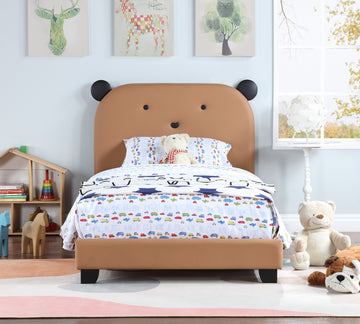 Upholstered Twin Size Platform Bed For Kids, Wooden Bed Frame With Slatted Bed Base, No Box Spring Needed, Cute Bed Frame With Bear Design Headboard For Girls Boys Teens, Brown Box Spring Not Required Twin Brown Wood Kids Faux Leather Acacia Wood