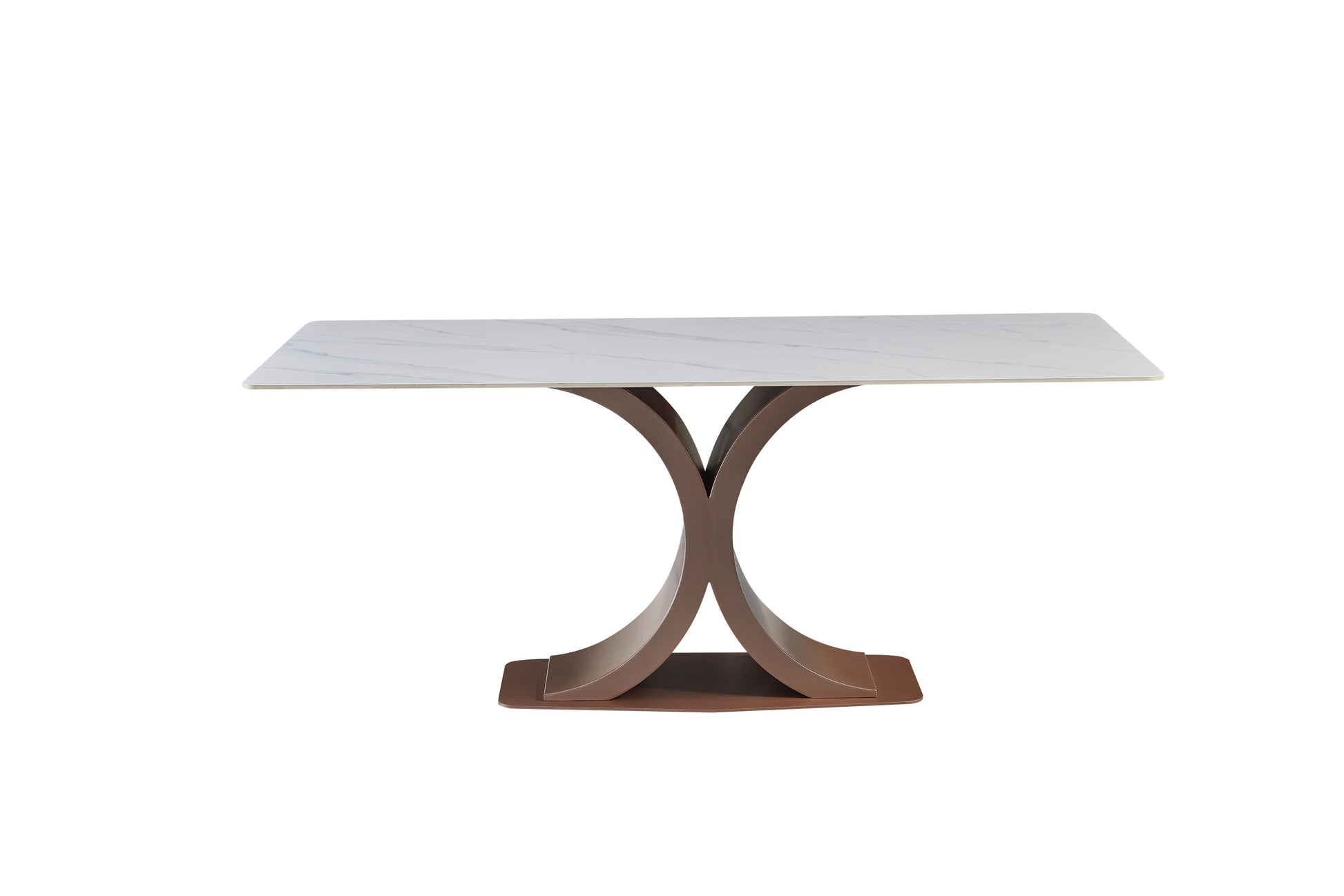 Elegant Red Copper And Carbon Steel Dining Table With Glossy Snow Mountain Stone Top Load Capacity 109.5 Kg Excluding Chairs White Carbon Steel