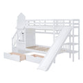 Twin Over Twin Castle Style Bunk Bed With 2 Drawers 3 Shelves And Slide White White Solid Wood