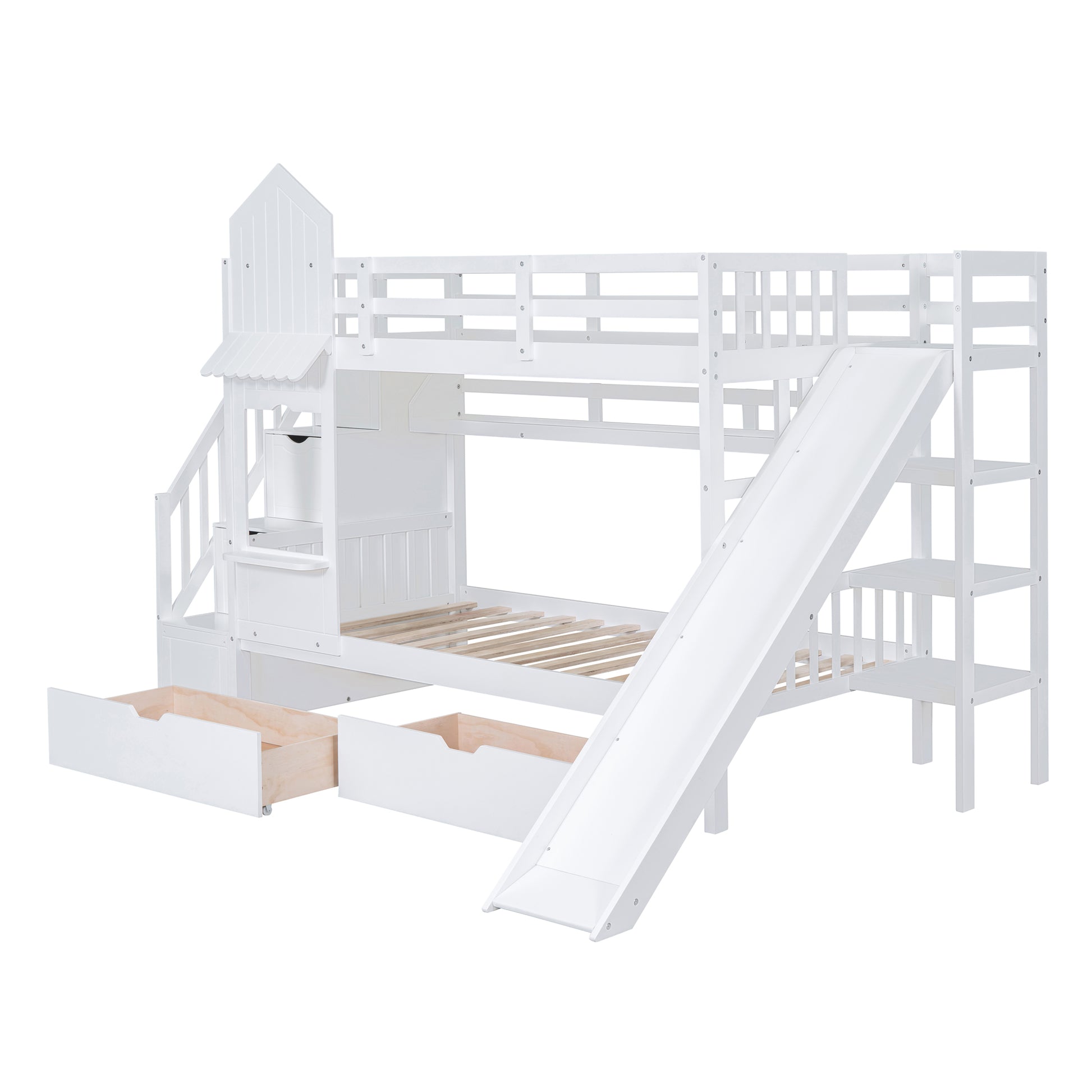 Twin Over Twin Castle Style Bunk Bed With 2 Drawers 3 Shelves And Slide White White Solid Wood