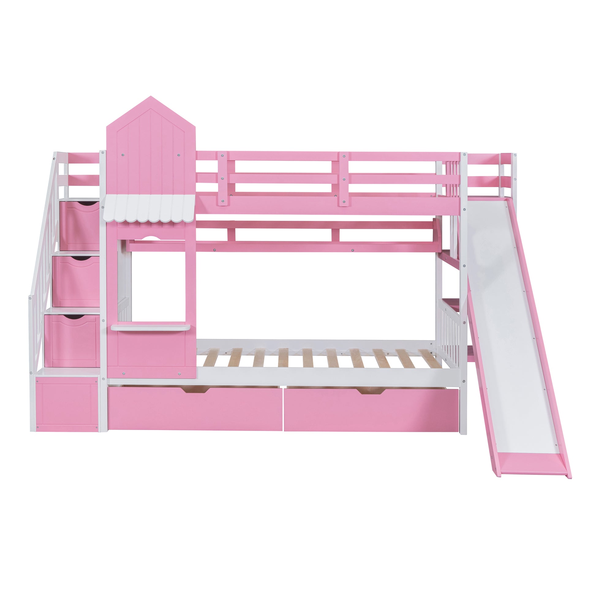 Twin Over Twin Castle Style Bunk Bed With 2 Drawers 3 Shelves And Slide Pink Pink Solid Wood