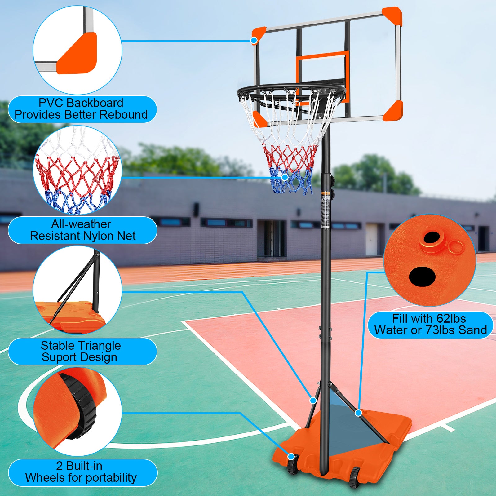Portable Basketball Goal System With Stable Base And Wheels, Use For Indoor Outdoor Teenagers Youth Height Adjustable 5.6 To 7Ft Basketball Hoop 28 Inch Backboard Orange Sporty Iron