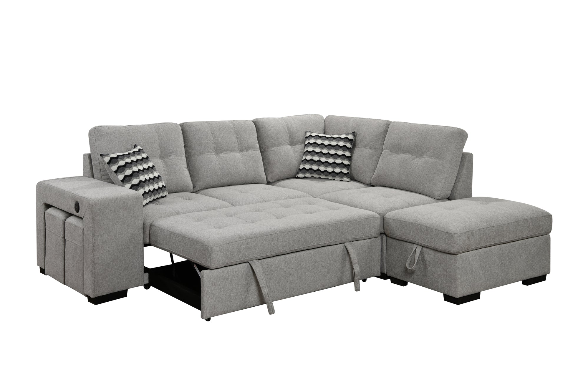 Sectional Pull Out Sofa Bed 101" Reversible L Shaped Corner Sleeper Upholstered Couch With Storage Ottoman, 2 Pillows,Usb Ports,2 Stools For Living Room Furniture Sets,Apartments, Light Gray Light Brown Wood Primary Living Space Heavy Duty Eucalyptus 4