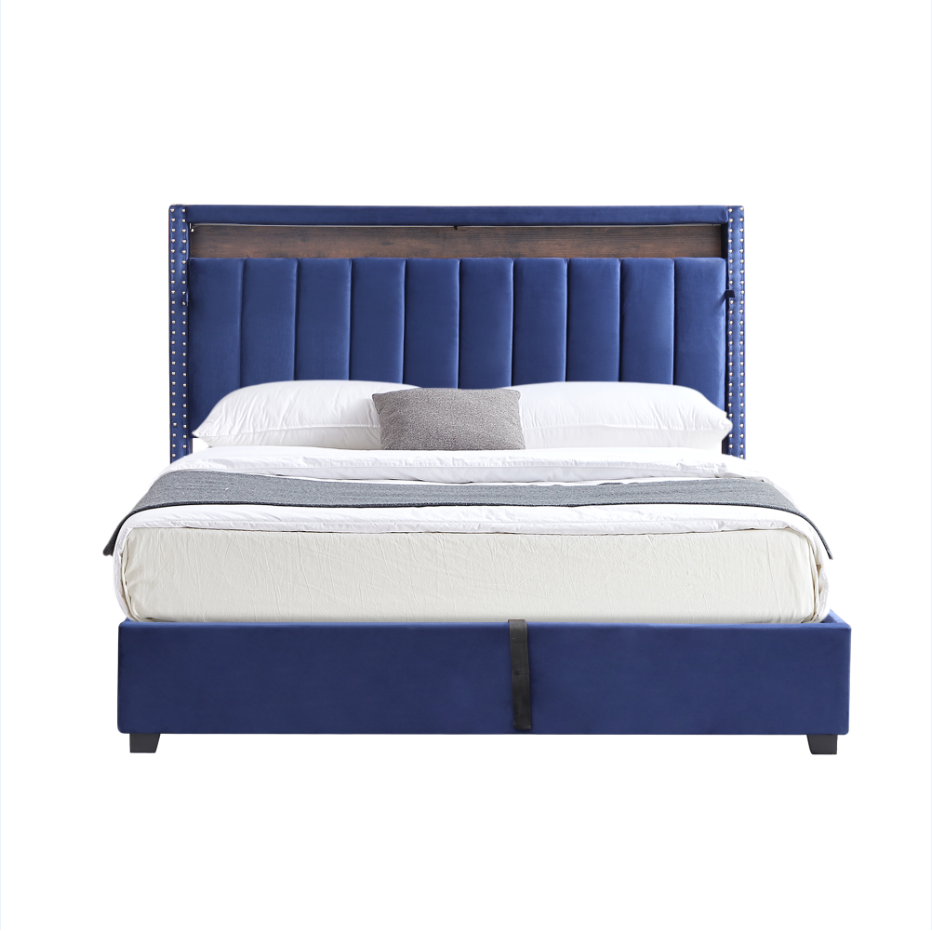 Luxury Gas Lift Storage Bed With Rf Led Lights, Storage Headboard ,Full Size ,Velvet Blue Box Spring Not Required Full Blue Wood Brown Bedroom American Design Poplar Slat Beds Polyurethane Foam