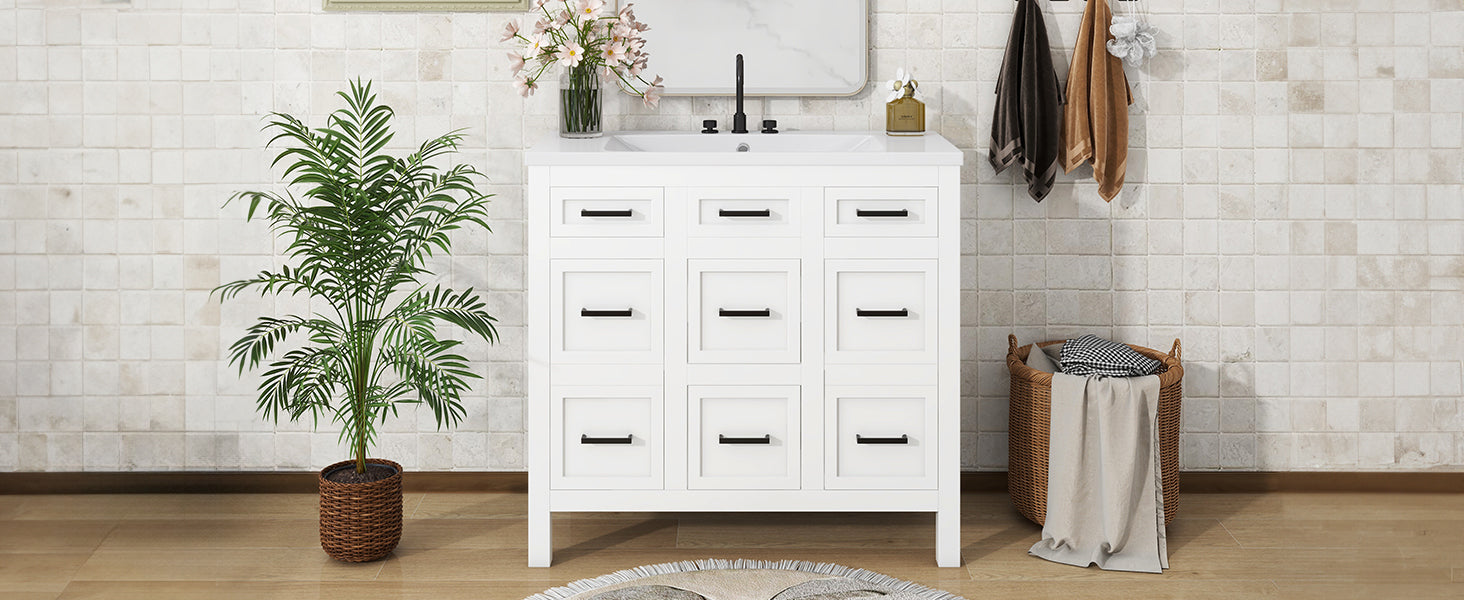 36" Bathroom Vanity Cabinet With Resin Integrated Sink 4 Drawers, 2 Doors White Solid Wood Mdf Resin