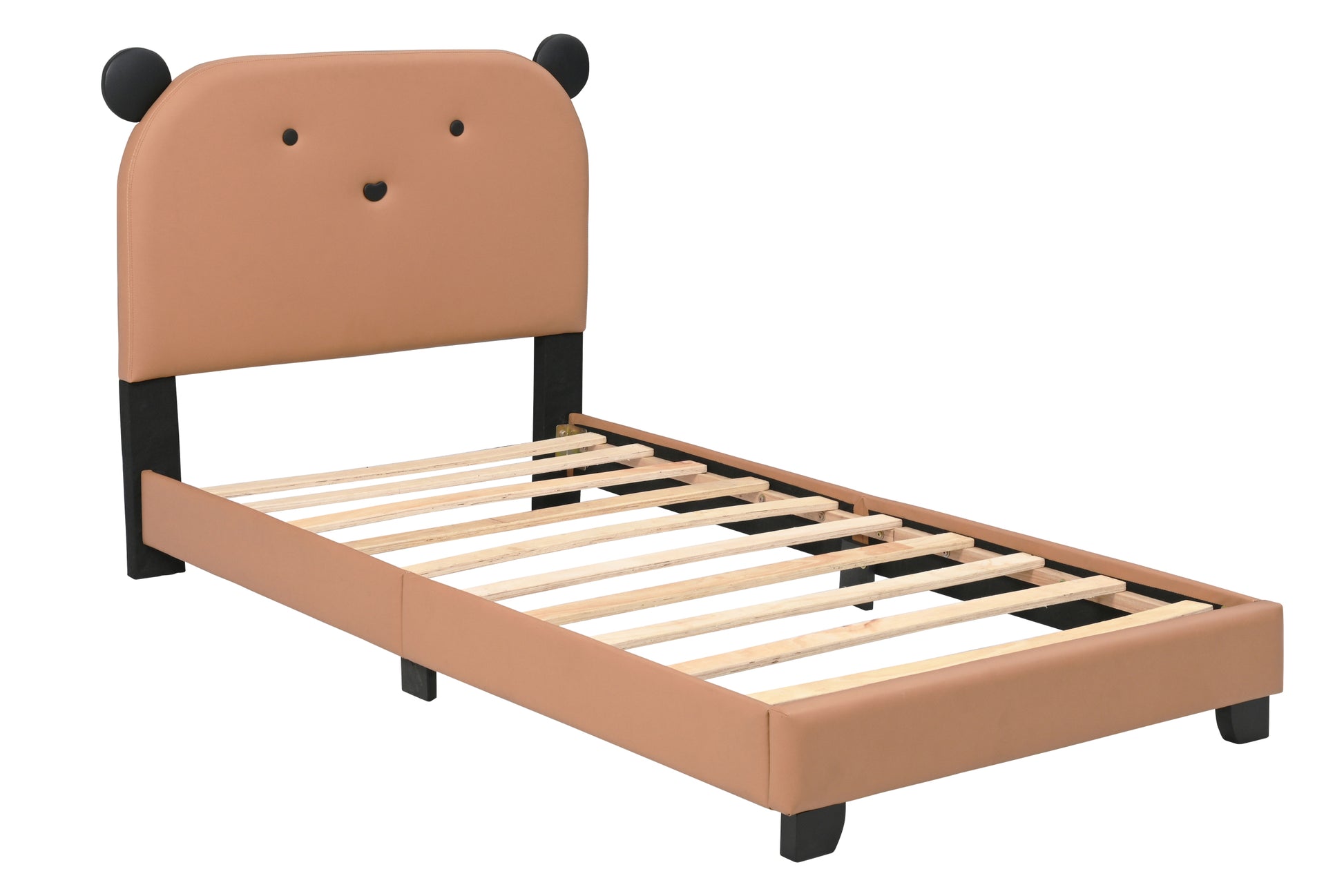 Upholstered Twin Size Platform Bed For Kids, Wooden Bed Frame With Slatted Bed Base, No Box Spring Needed, Cute Bed Frame With Bear Design Headboard For Girls Boys Teens, Brown Box Spring Not Required Twin Brown Wood Kids Faux Leather Acacia Wood