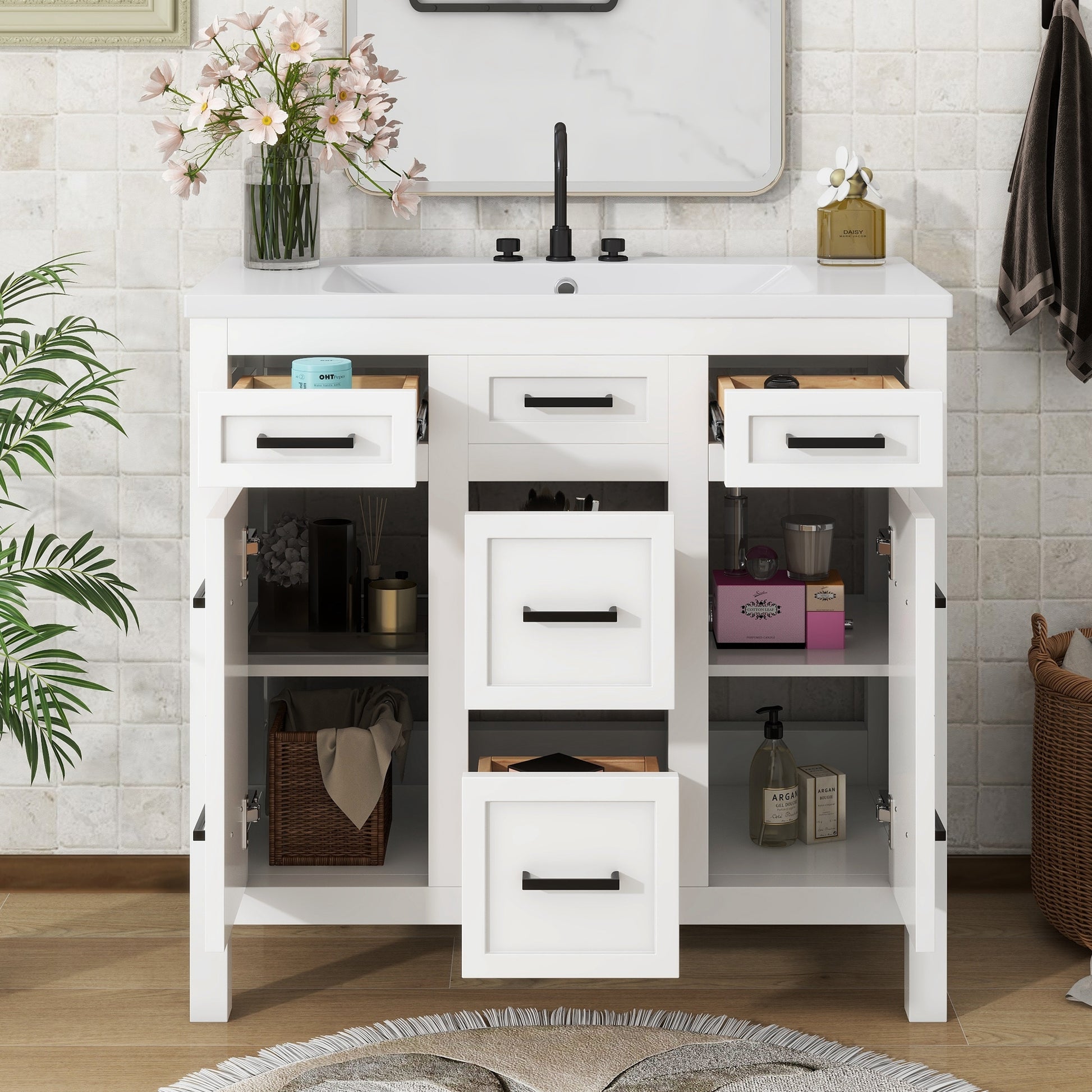 36" Bathroom Vanity Cabinet With Resin Integrated Sink 4 Drawers, 2 Doors White Solid Wood Mdf Resin