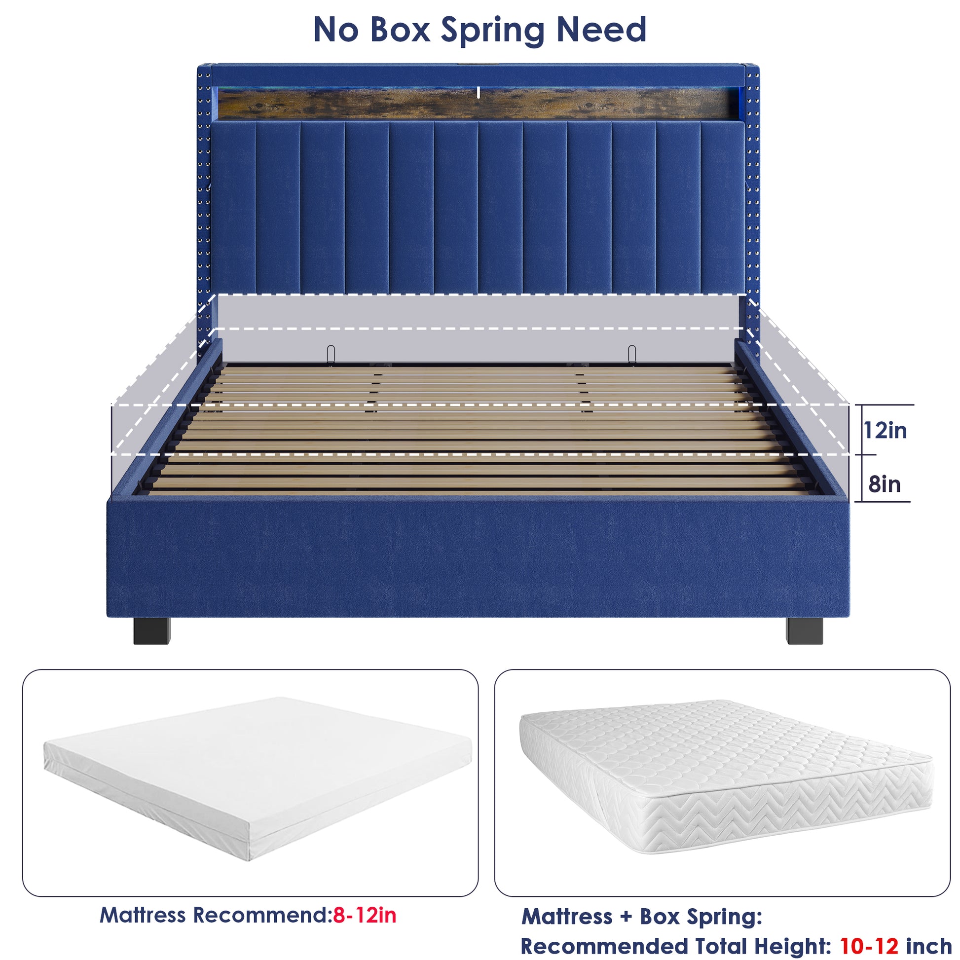 Luxury Gas Lift Storage Bed With Rf Led Lights, Storage Headboard ,Full Size ,Velvet Blue Box Spring Not Required Full Blue Wood Brown Bedroom American Design Poplar Slat Beds Polyurethane Foam