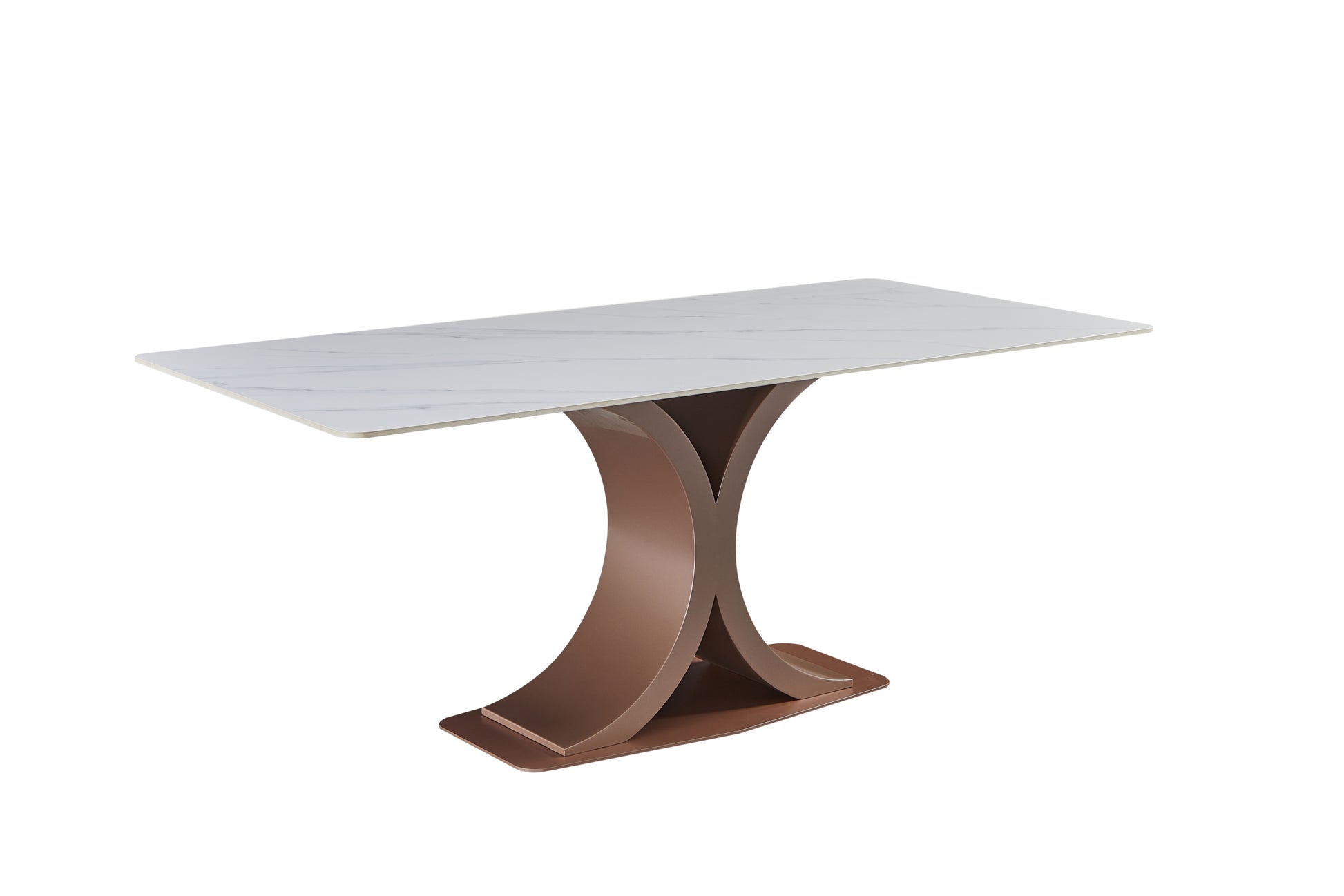 Elegant Red Copper And Carbon Steel Dining Table With Glossy Snow Mountain Stone Top Load Capacity 109.5 Kg Excluding Chairs White Carbon Steel