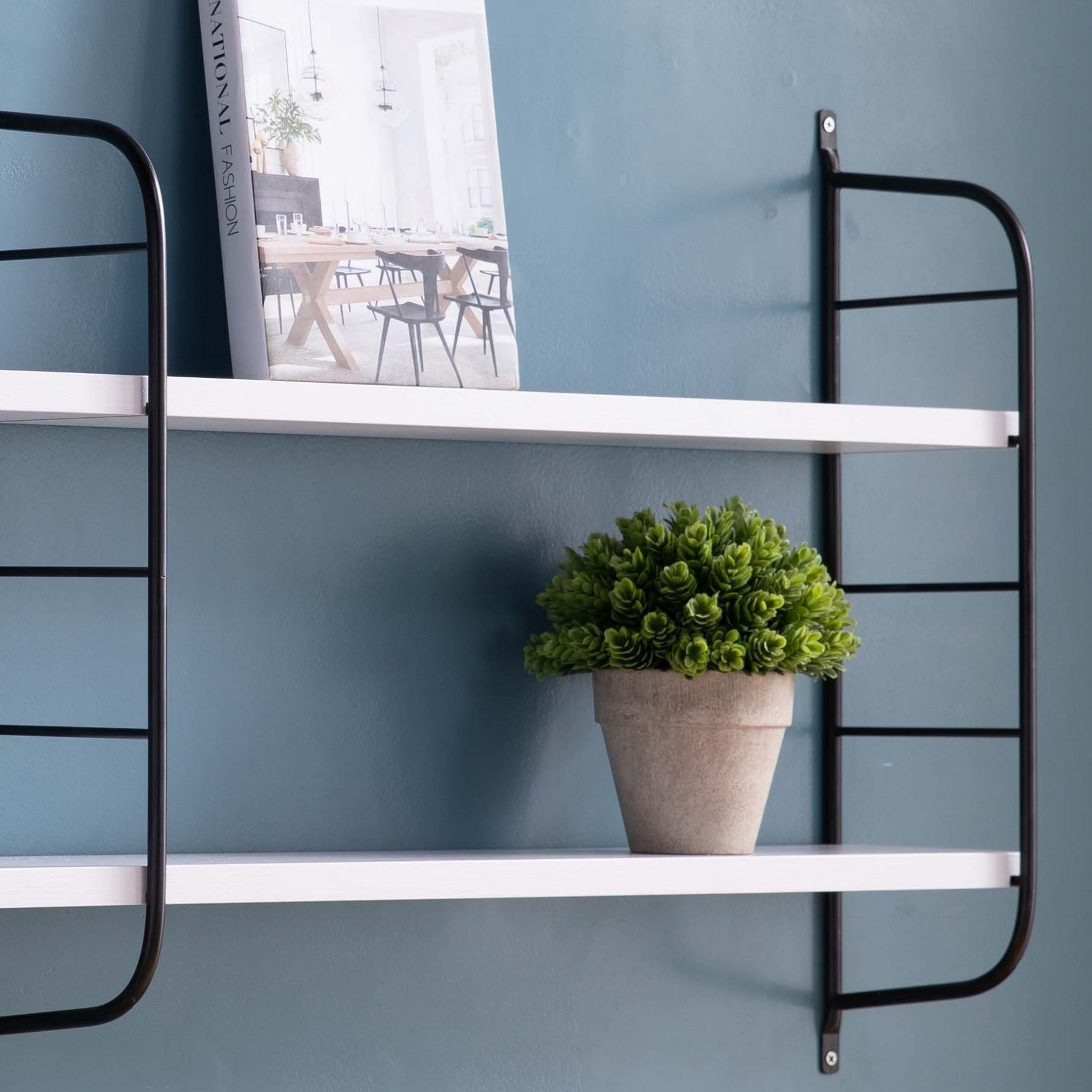 Mounted 2 Tier Display With Adjustable Shelves, White & Black White Particle Board