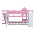 Full Over Full Castle Style Bunk Bed With 2 Drawers 3 Shelves And Slide Pink Pink Solid Wood