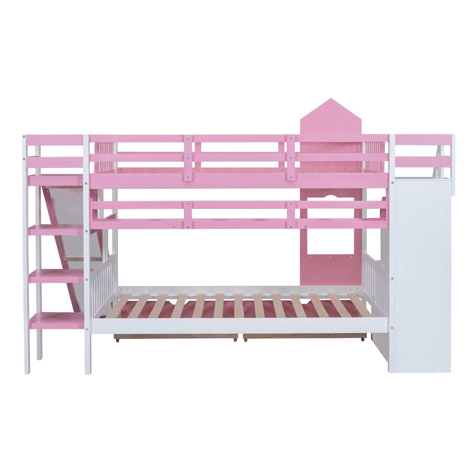 Full Over Full Castle Style Bunk Bed With 2 Drawers 3 Shelves And Slide Pink Pink Solid Wood