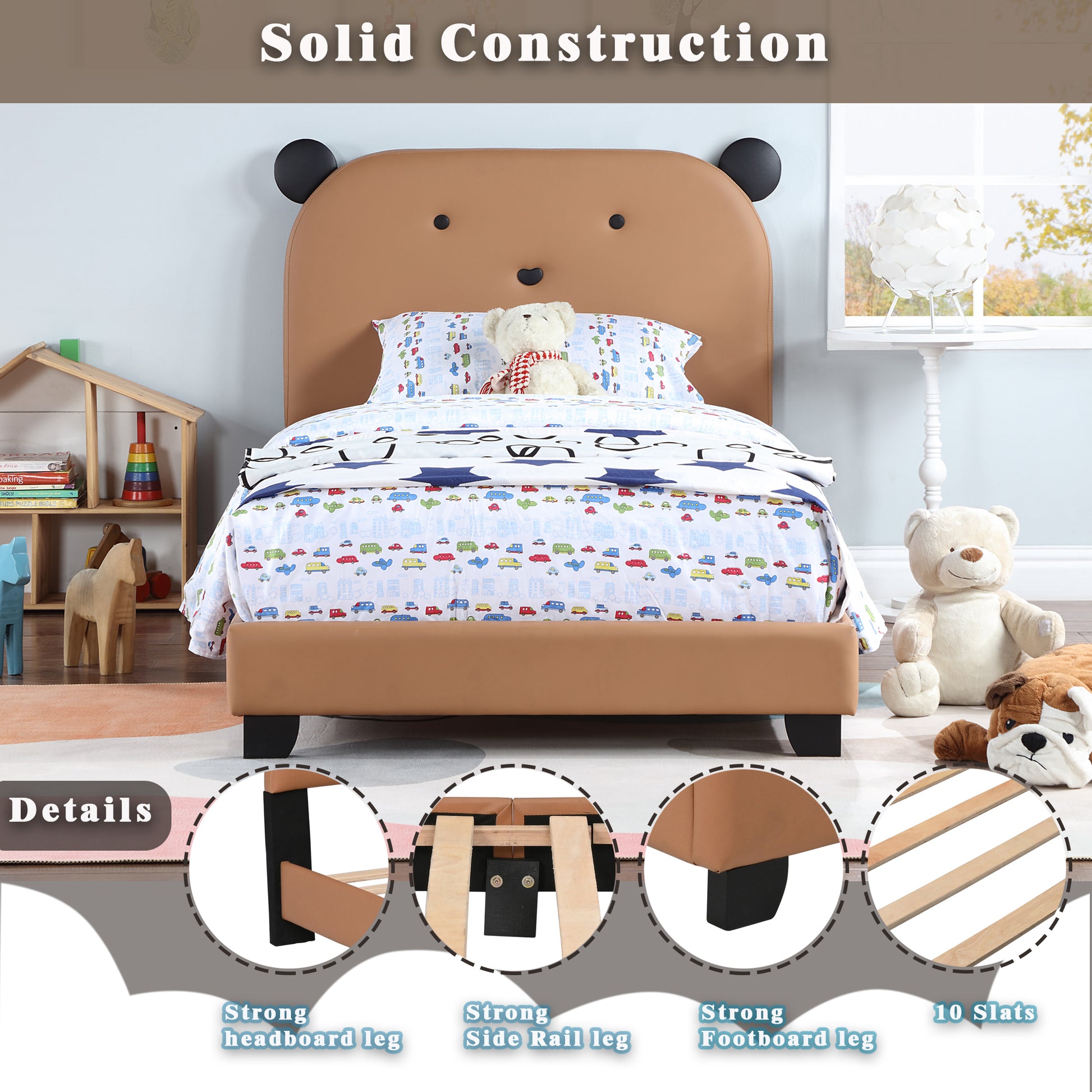 Upholstered Twin Size Platform Bed For Kids, Wooden Bed Frame With Slatted Bed Base, No Box Spring Needed, Cute Bed Frame With Bear Design Headboard For Girls Boys Teens, Brown Box Spring Not Required Twin Brown Wood Kids Faux Leather Acacia Wood