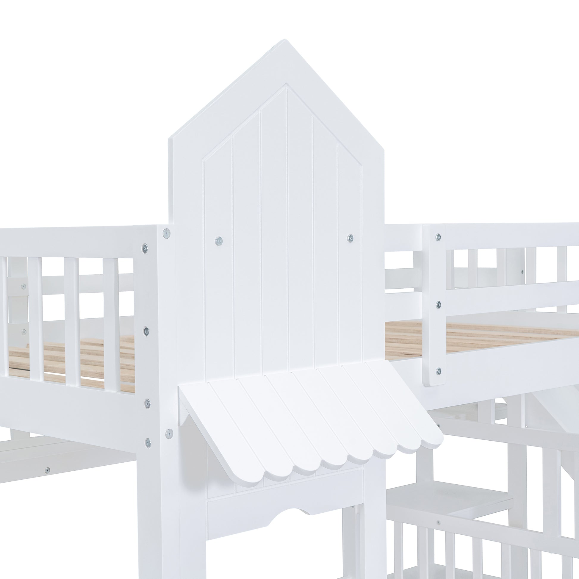 Full Over Full Castle Style Bunk Bed With 2 Drawers 3 Shelves And Slide White White Solid Wood