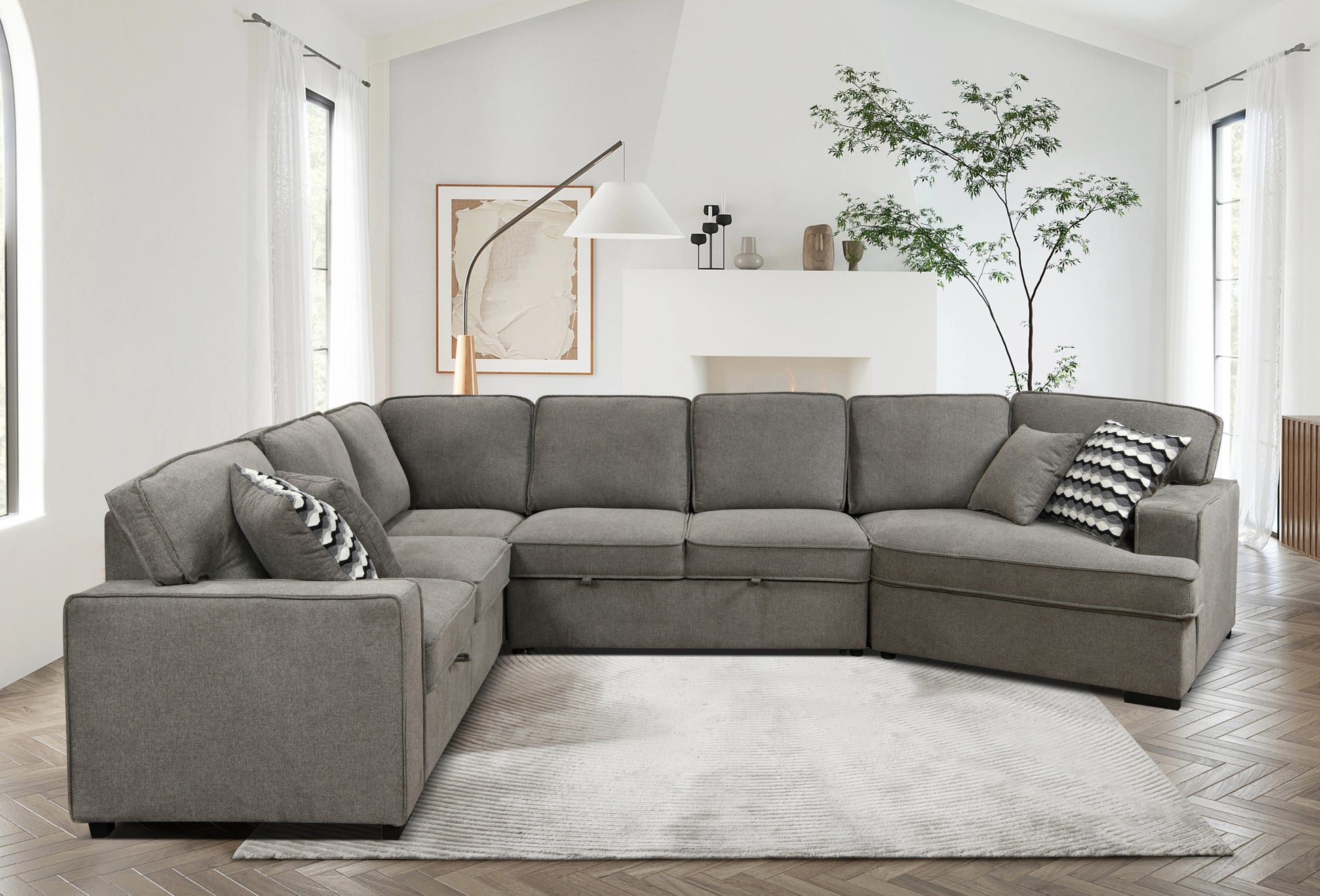 146"Oversized Upholstered Sectional Pull Out Sleeper Bed And Chaise Lounge, U Shaped Sofa With 2 Pull Out Bed, 4 Pillows & 2 Cup Holders On Back Cushions For Home, Bedroom, Apartment, Light Grey Light Brown Wood Primary Living Space Heavy Duty Eucalyptus