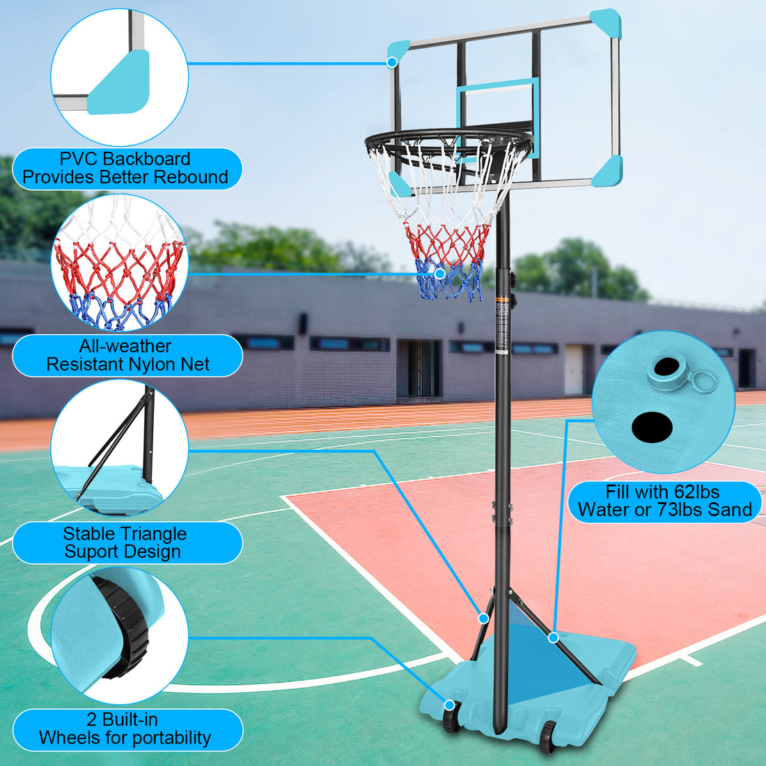 Portable Basketball Goal System With Stable Base And Wheels, Use For Indoor Outdoor Teenagers Youth Height Adjustable 5.6 To 7Ft Basketball Hoop 28 Inch Backboard Blue Sporty Iron