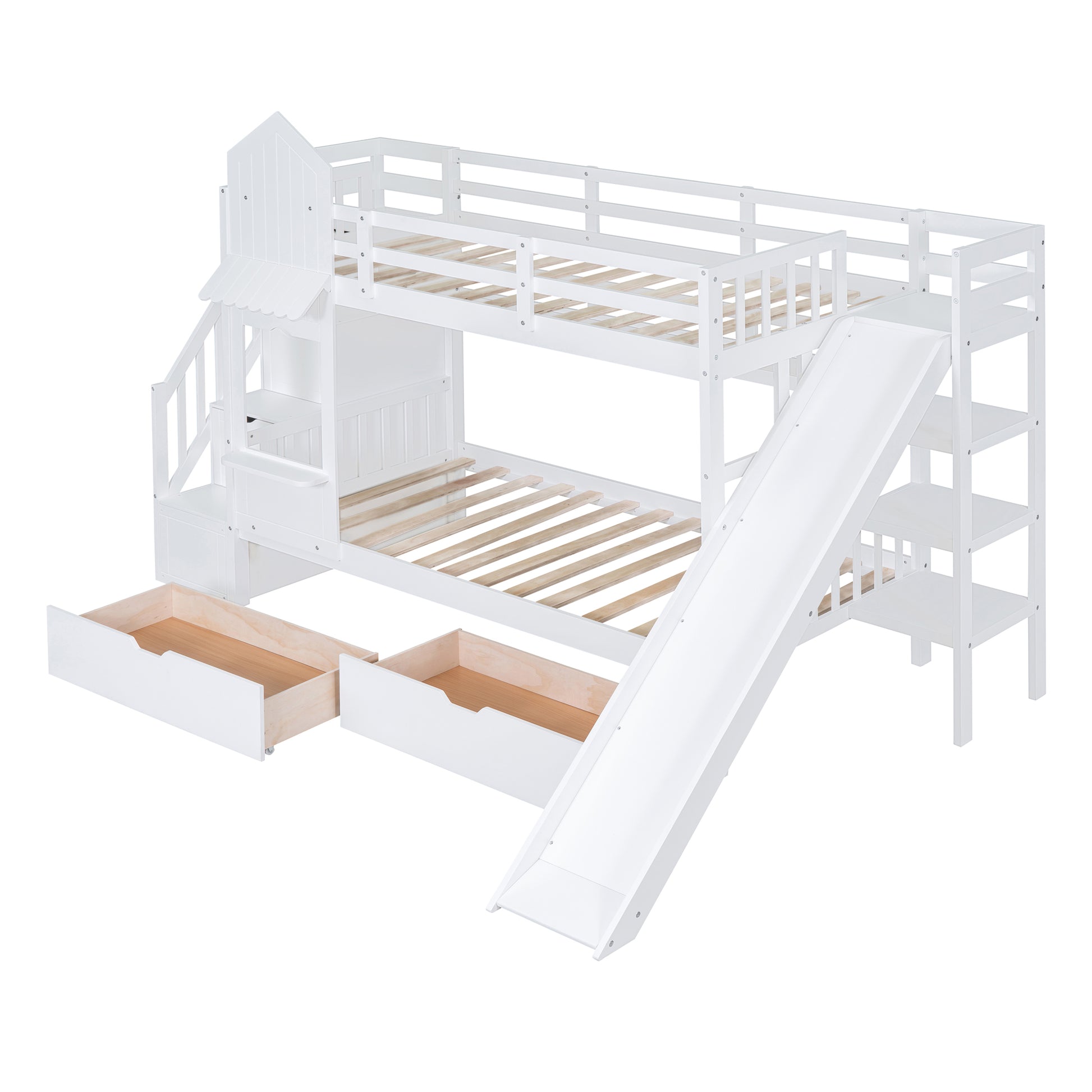 Twin Over Twin Castle Style Bunk Bed With 2 Drawers 3 Shelves And Slide White White Solid Wood