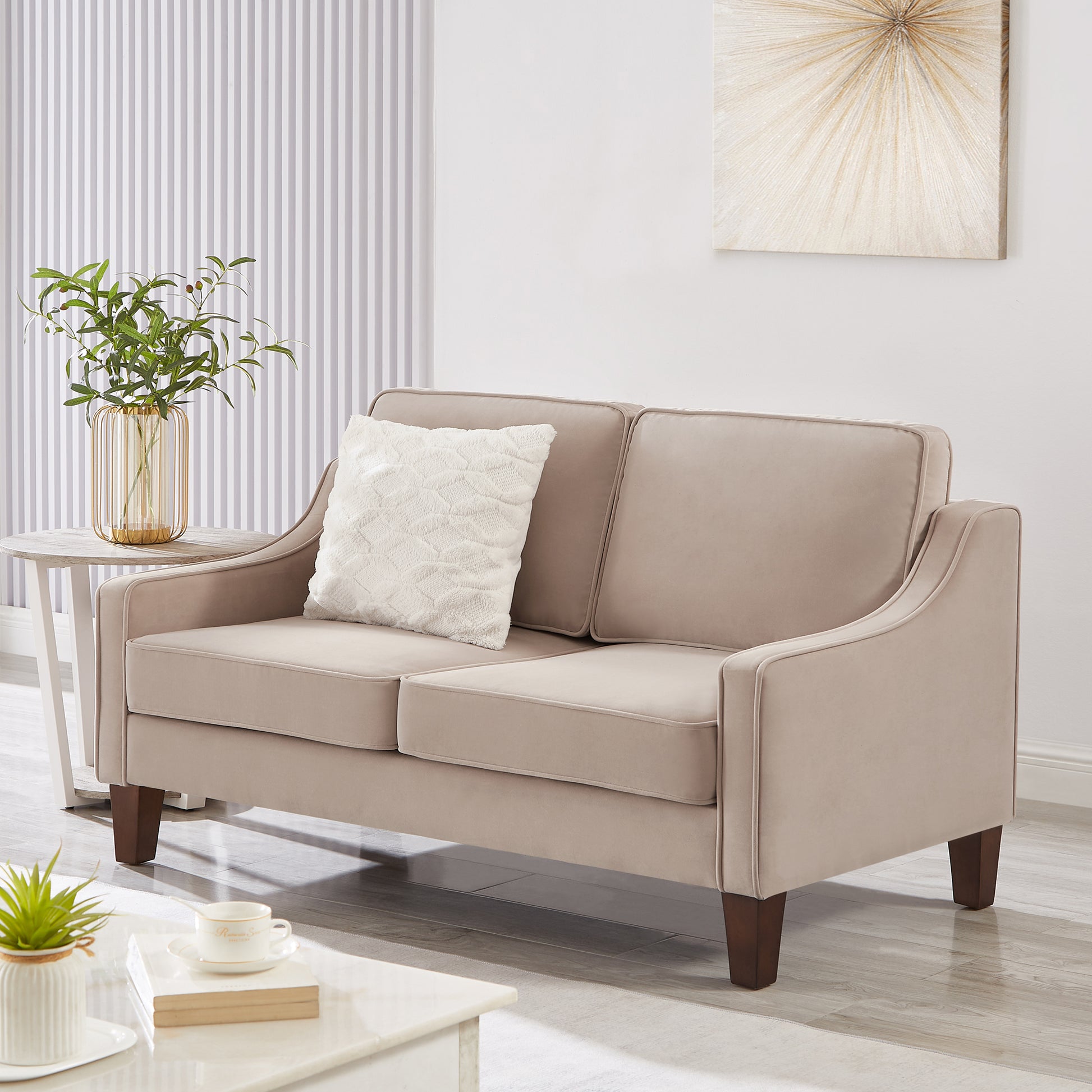 Modern Loveseat Sofa For Living Room, Upholstered Velvet Small Couch With Wooden Legs For Livingroom Bedroom, Taupe Taupe Espresso Velvet Wood Primary Living Space Medium Soft Cushion Back American Design Rubberwood Square Arms Foam Velvet 2 Seat
