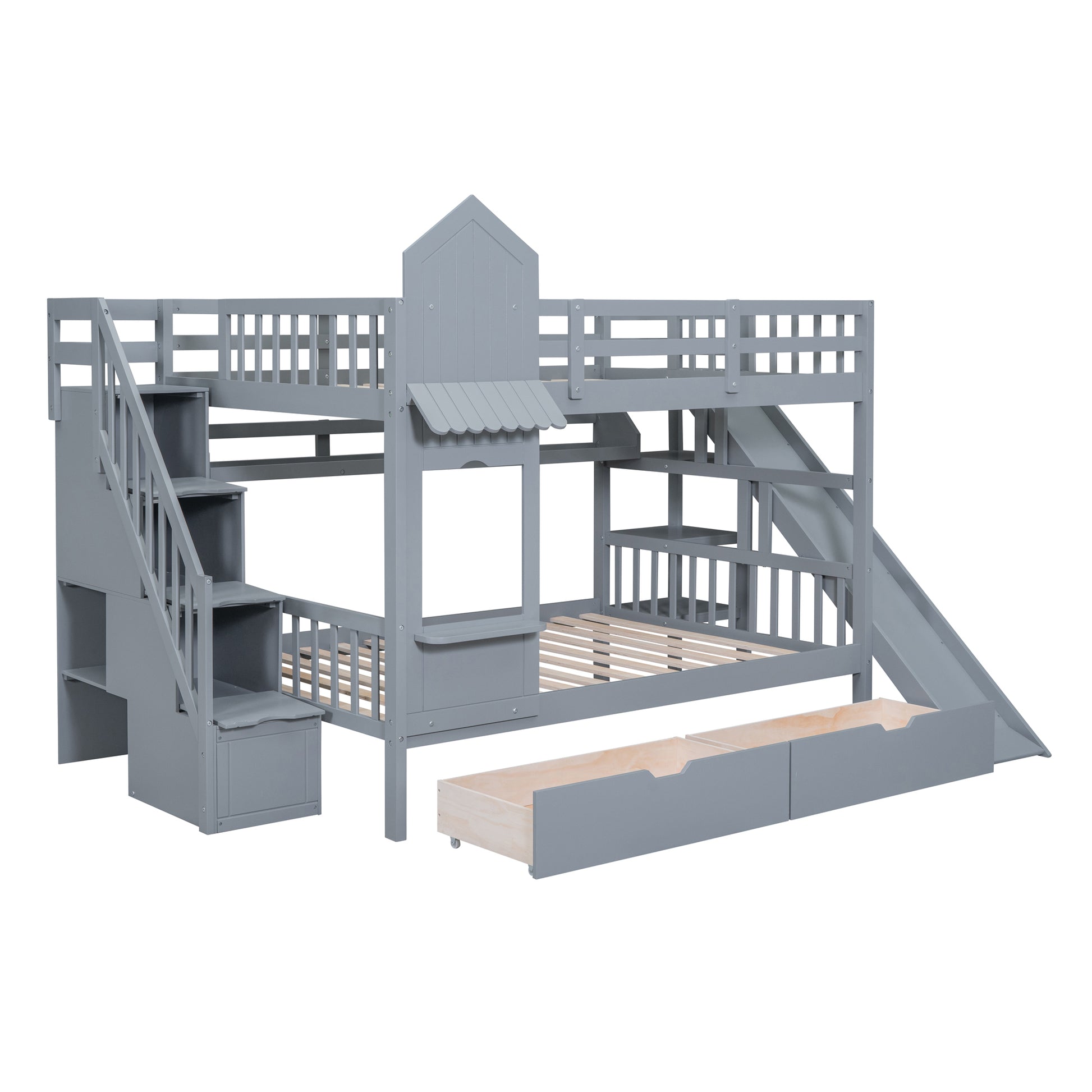 Full Over Full Castle Style Bunk Bed With 2 Drawers 3 Shelves And Slide Gray Gray Solid Wood