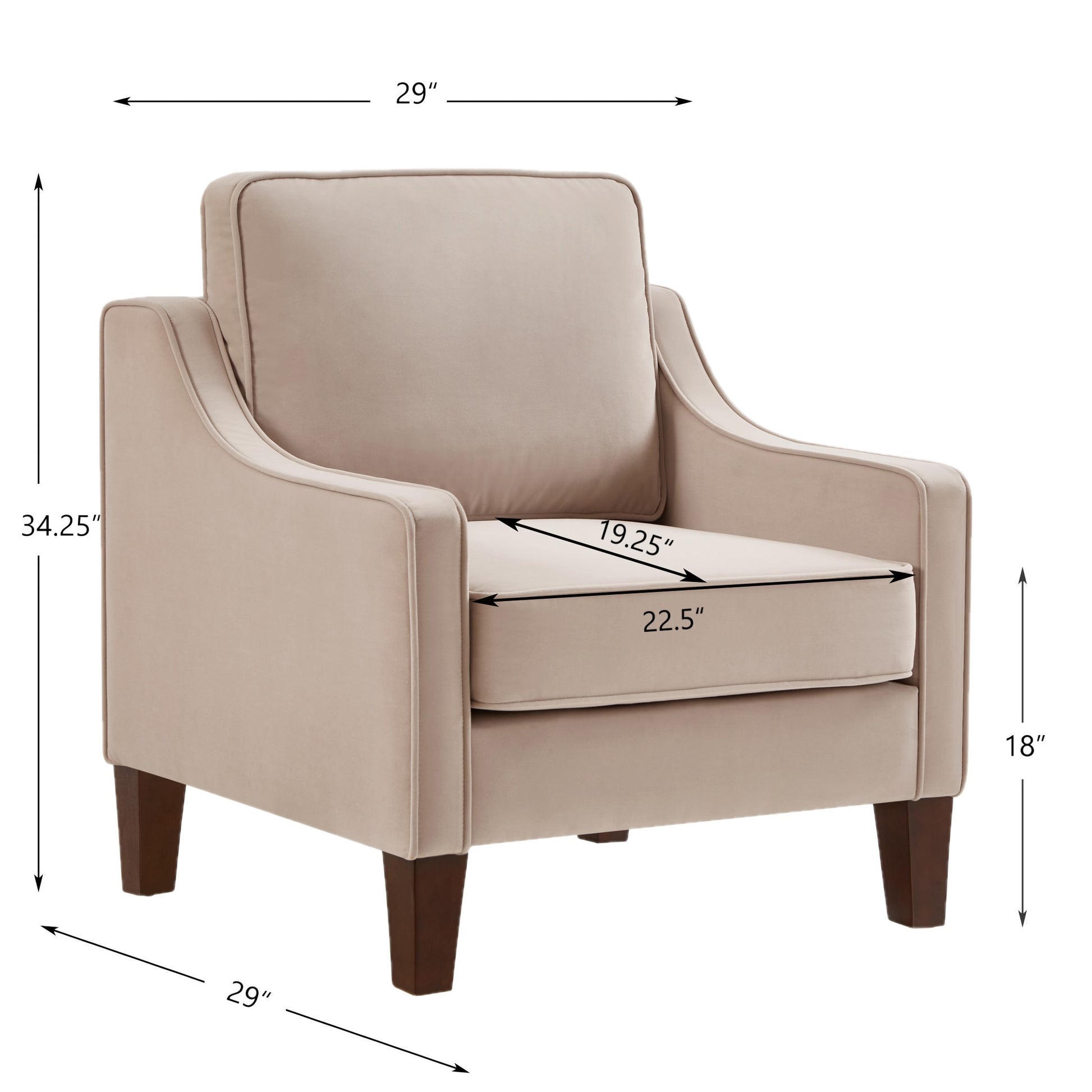 Modern Armchair, Living Room Single Seat Sofa Chair With Wooden Legs, Upholstered Velvet Accent Chair For Living Room, Bedroom,Taupe Taupe Espresso Velvet Wood Primary Living Space Medium Soft Cushion Back American Design Rubberwood Square Arms Foam