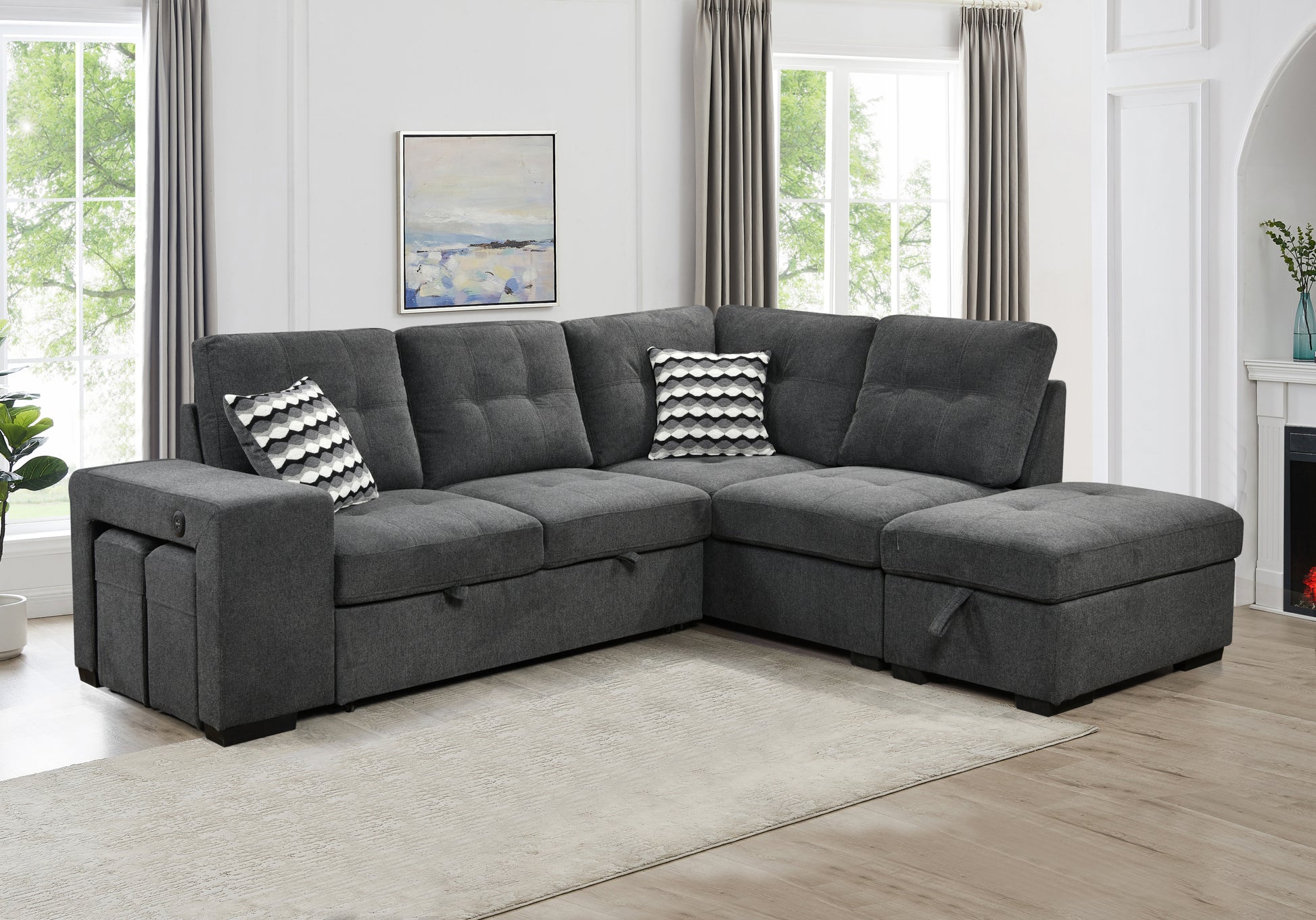 Sectional Pull Out Sofa Bed 101" Reversible L Shaped Corner Sleeper Upholstered Couch With Storage Ottoman, 2 Pillows,Usb Ports,2 Stools For Living Room Furniture Sets,Apartments,Dark Gray Light Brown Wood Primary Living Space Heavy Duty Eucalyptus 4