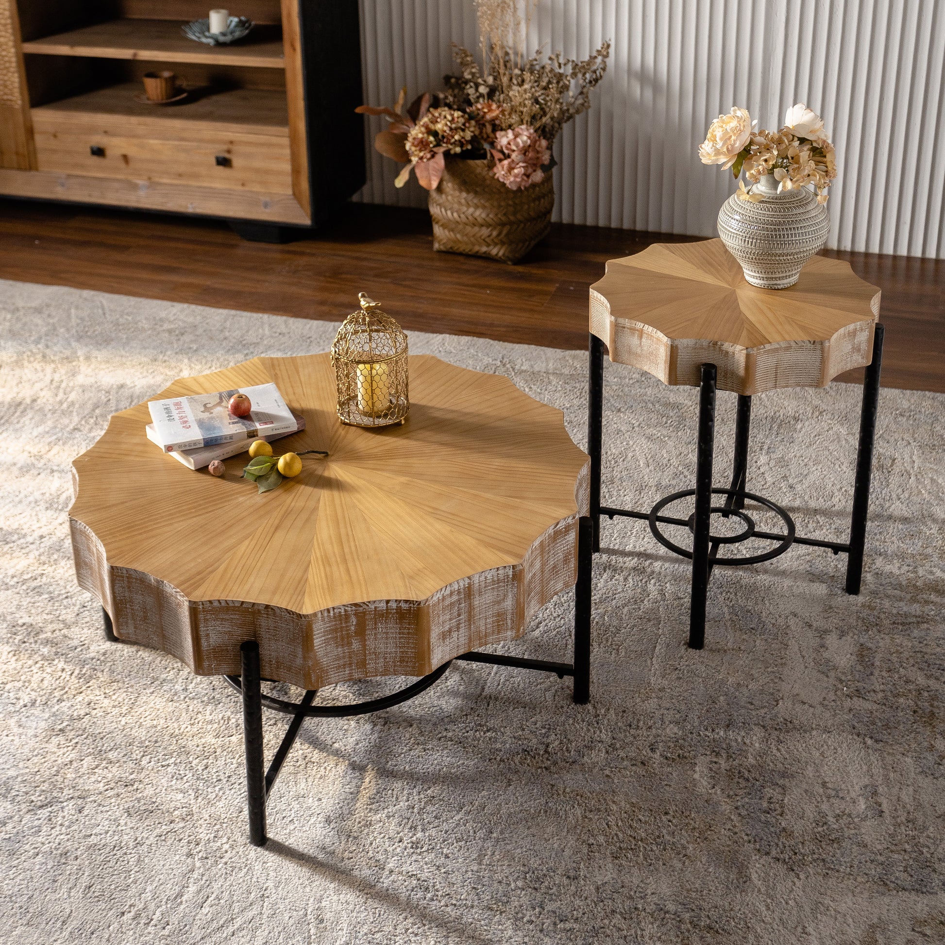 31.5 "Vintage Patchwork Lace Shape Coffee Table With Natural Pine Grain Table Top And Dimpled Metal Cross Legs, Cedar Coffee Table Set Set Of 2 Natural Black Wood Metal
