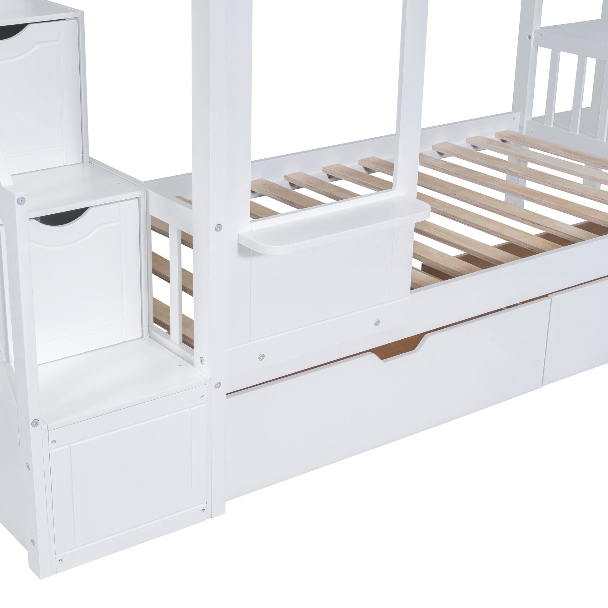 Twin Over Twin Castle Style Bunk Bed With 2 Drawers 3 Shelves And Slide White White Solid Wood