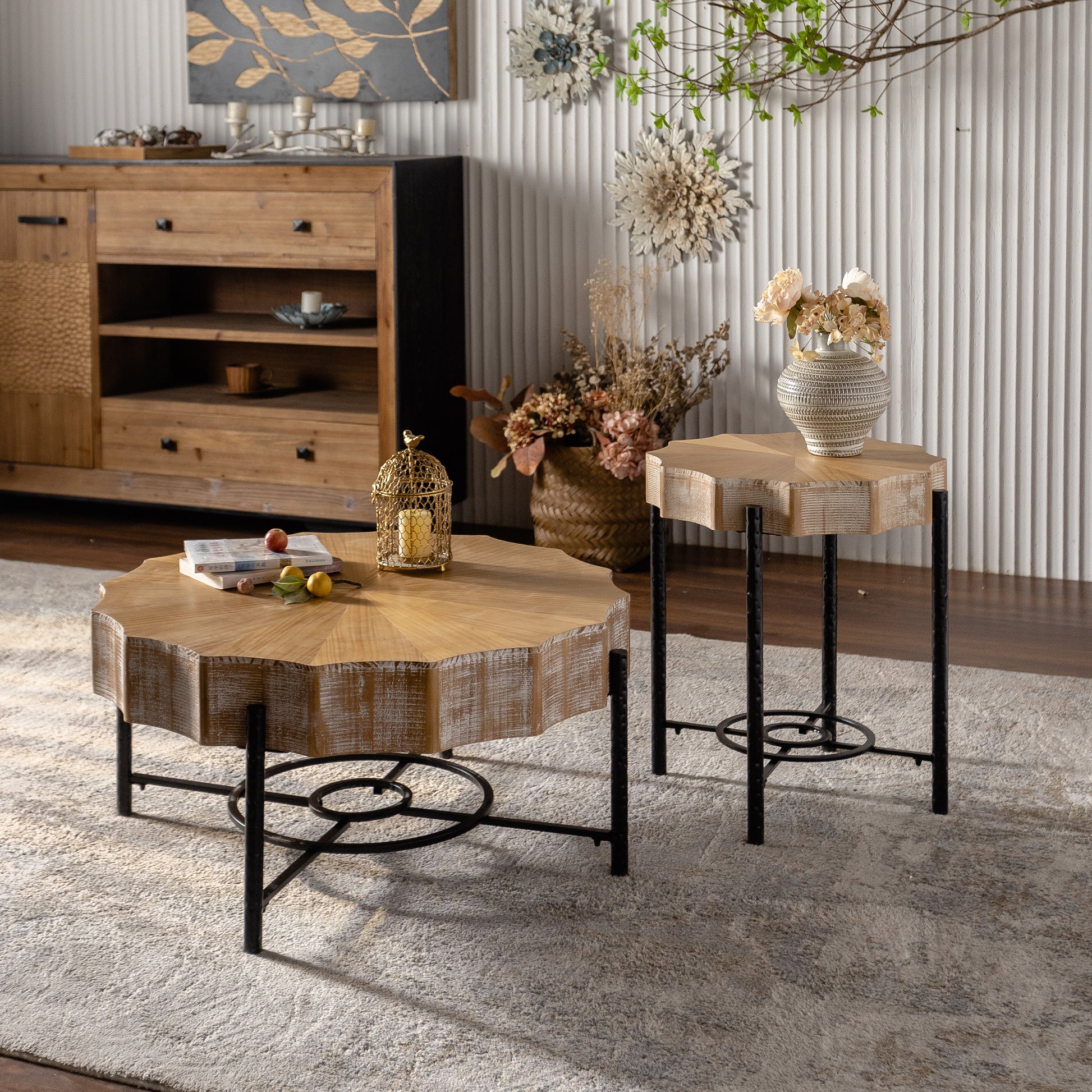 31.5 "Vintage Patchwork Lace Shape Coffee Table With Natural Pine Grain Table Top And Dimpled Metal Cross Legs, Cedar Coffee Table Set Set Of 2 Natural Black Wood Metal