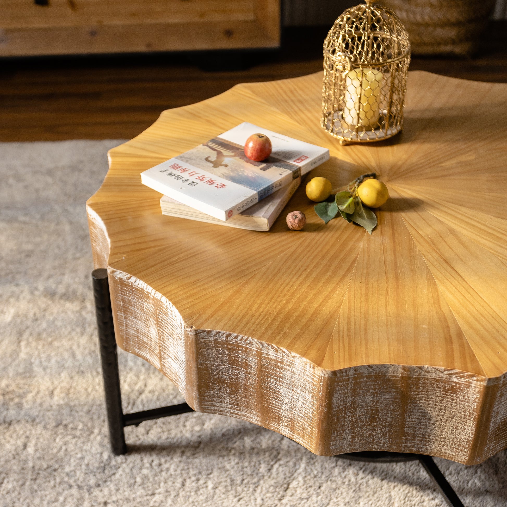 31.5 "Vintage Patchwork Lace Shape Coffee Table With Natural Pine Grain Table Top And Dimpled Metal Cross Legs, Cedar Coffee Table Set Set Of 2 Natural Black Wood Metal