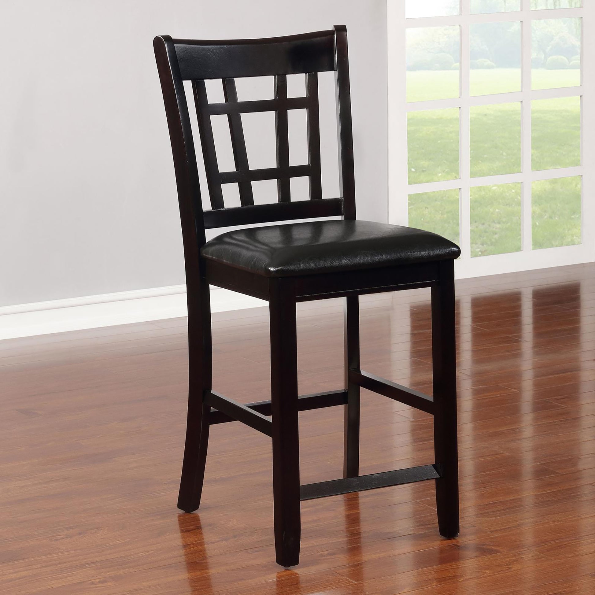 Black And Espresso Lattice Back Counter Height Stools Set Of 2 Solid Brown Espresso Dining Room Foam Spot Clean Transitional Rubberwood Open Back Foam Faux Leather