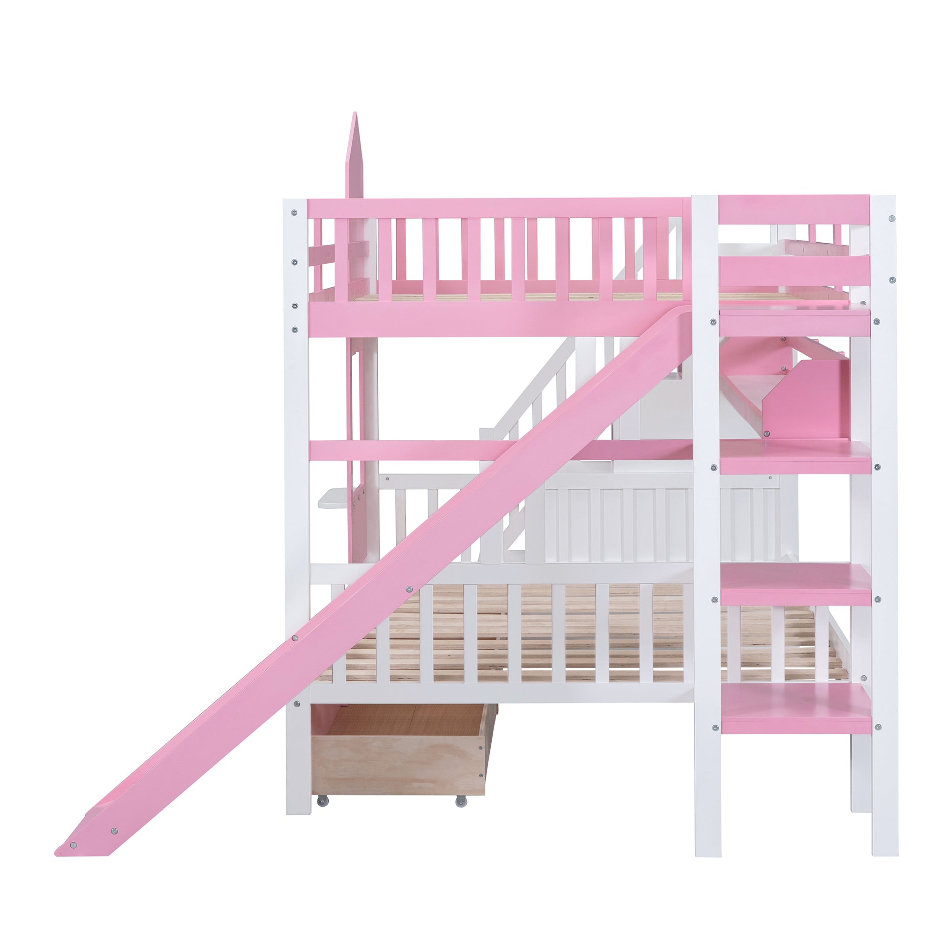 Full Over Full Castle Style Bunk Bed With 2 Drawers 3 Shelves And Slide Pink Pink Solid Wood