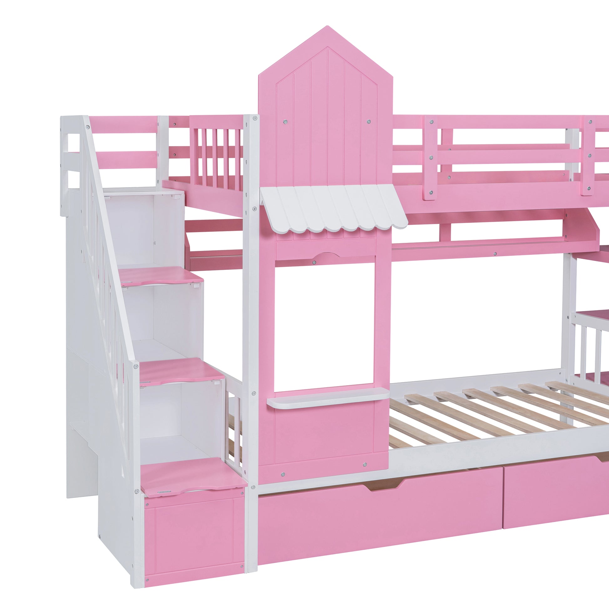 Twin Over Twin Castle Style Bunk Bed With 2 Drawers 3 Shelves And Slide Pink Pink Solid Wood