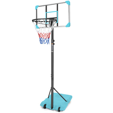 Portable Basketball Goal System With Stable Base And Wheels, Use For Indoor Outdoor Teenagers Youth Height Adjustable 5.6 To 7Ft Basketball Hoop 28 Inch Backboard Blue Sporty Iron