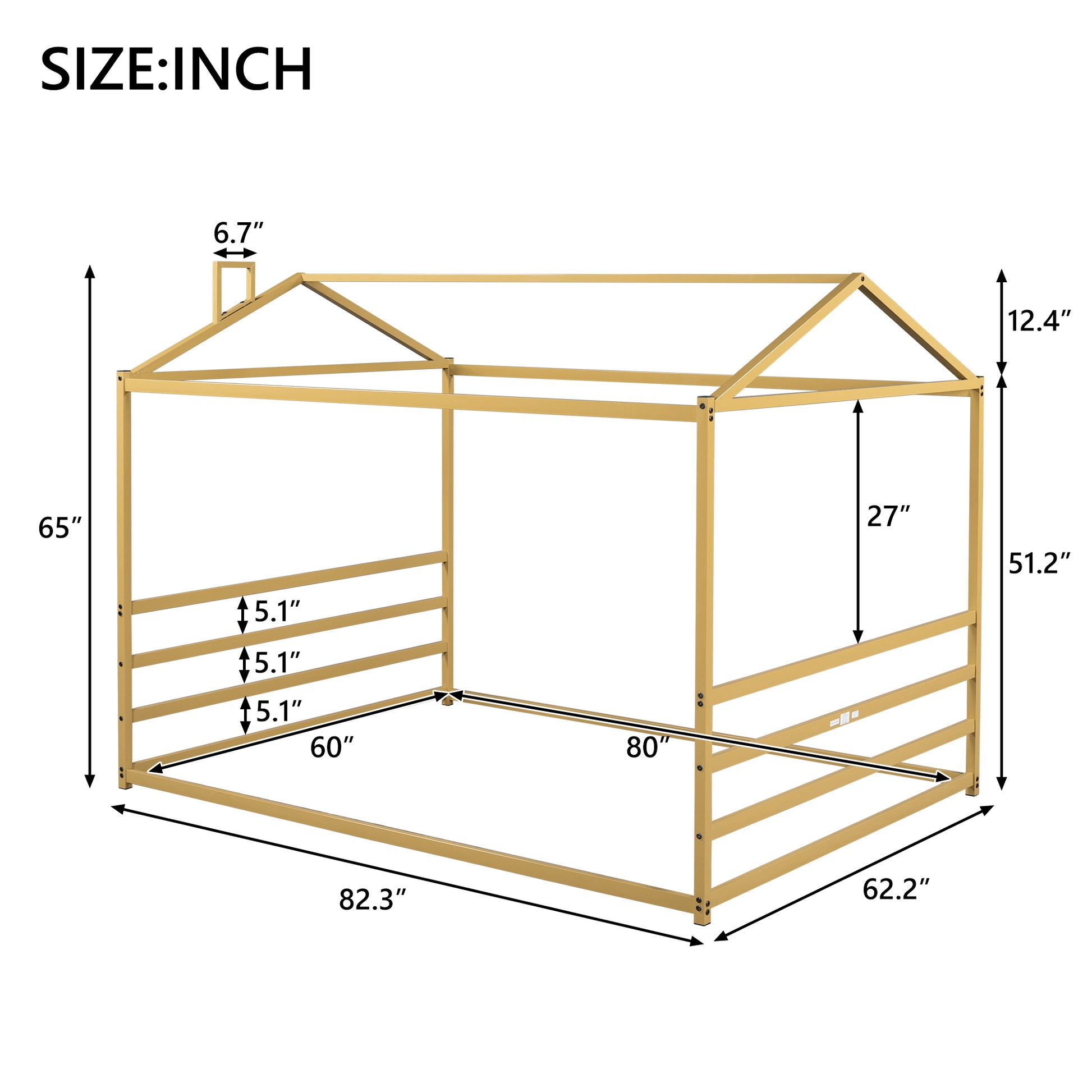 Metal House Shape Platform Bed, Gold, Queen Queen Gold Metal