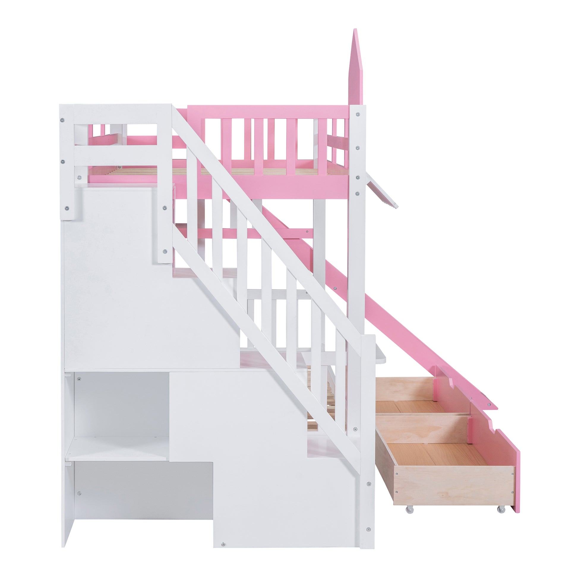 Twin Over Twin Castle Style Bunk Bed With 2 Drawers 3 Shelves And Slide Pink Pink Solid Wood