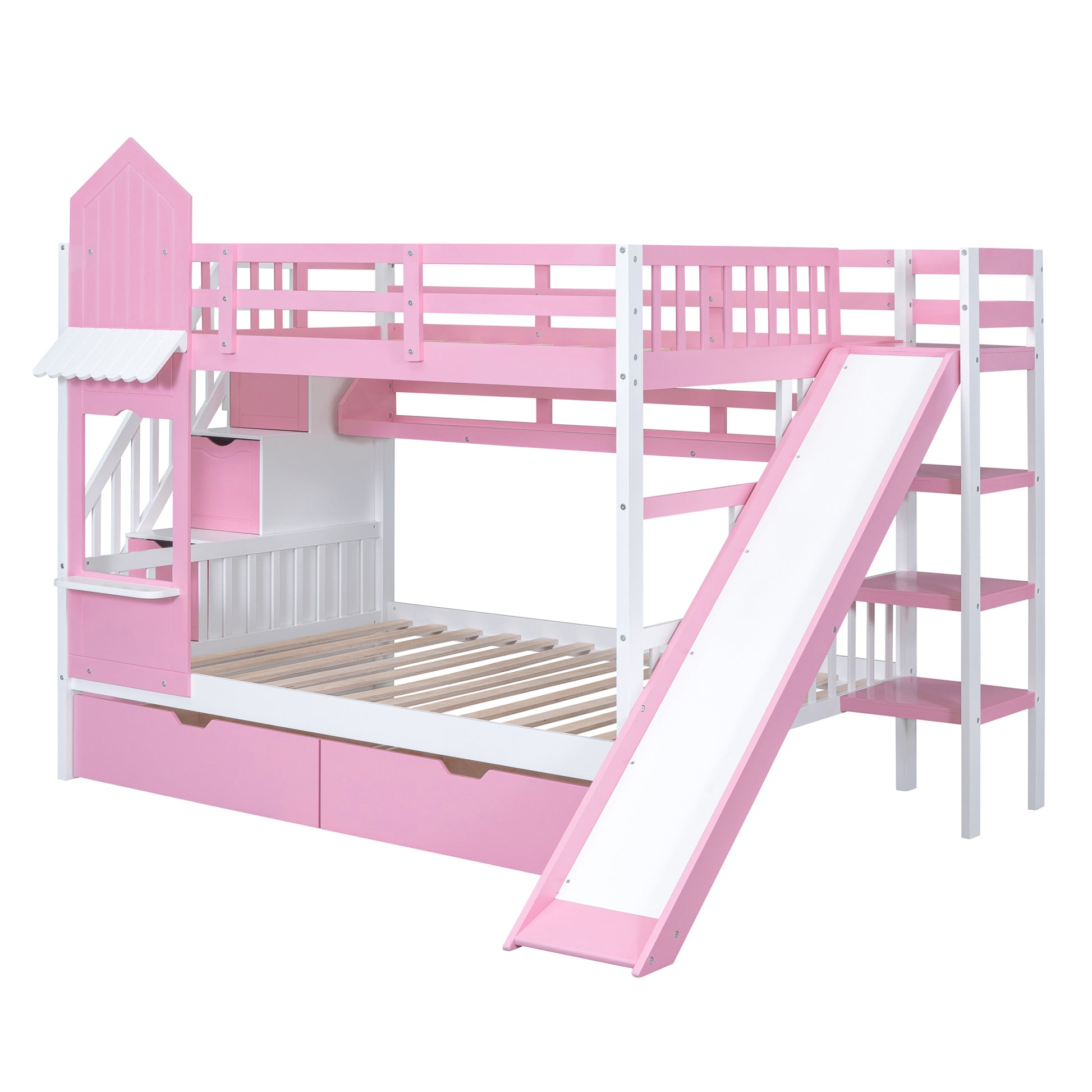 Full Over Full Castle Style Bunk Bed With 2 Drawers 3 Shelves And Slide Pink Pink Solid Wood