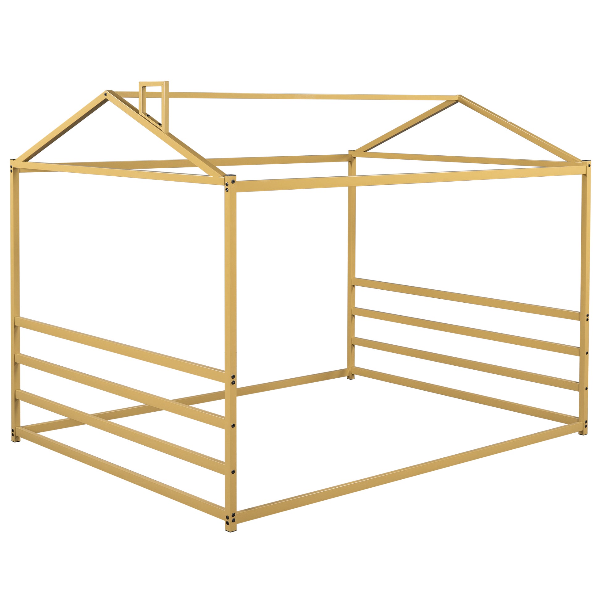 Metal House Shape Platform Bed, Gold, Queen Queen Gold Metal