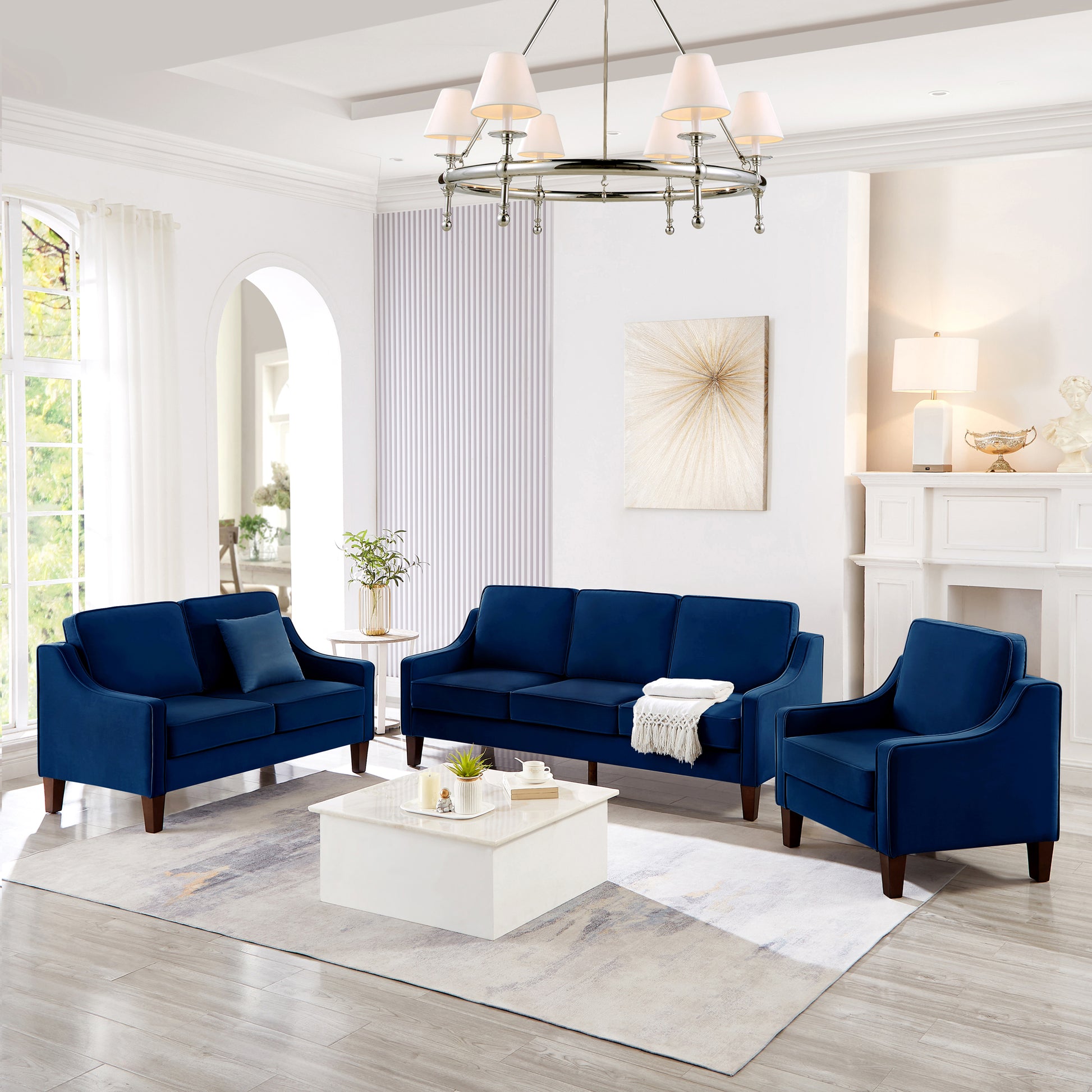 Modern Loveseat Sofa For Living Room, Upholstered Velvet Small Couch With Wooden Legs For Livingroom Bedroom, Navy Navy Espresso Velvet Wood Primary Living Space Medium Soft Cushion Back American Design Rubberwood Square Arms Foam Velvet 2 Seat