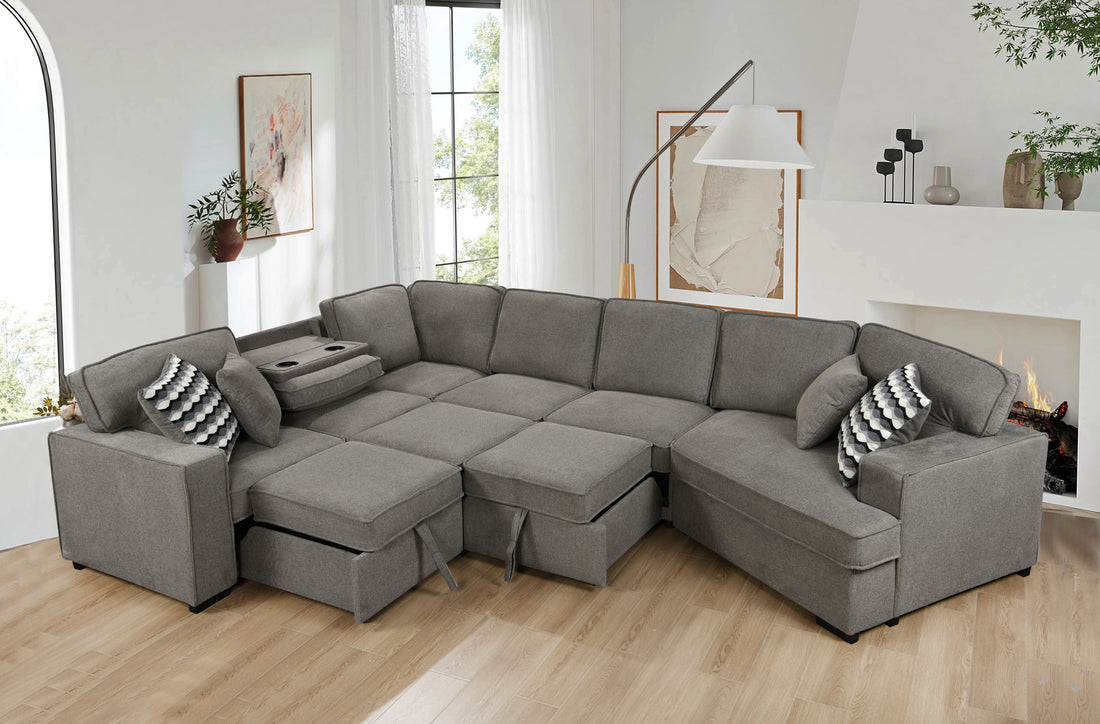 146"Oversized Upholstered Sectional Pull Out Sleeper Bed And Chaise Lounge, U Shaped Sofa With 2 Pull Out Bed, 4 Pillows & 2 Cup Holders On Back Cushions For Home, Bedroom, Apartment, Light Grey Light Brown Wood Primary Living Space Heavy Duty Eucalyptus