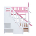 Full Over Full Castle Style Bunk Bed With 2 Drawers 3 Shelves And Slide Pink Pink Solid Wood