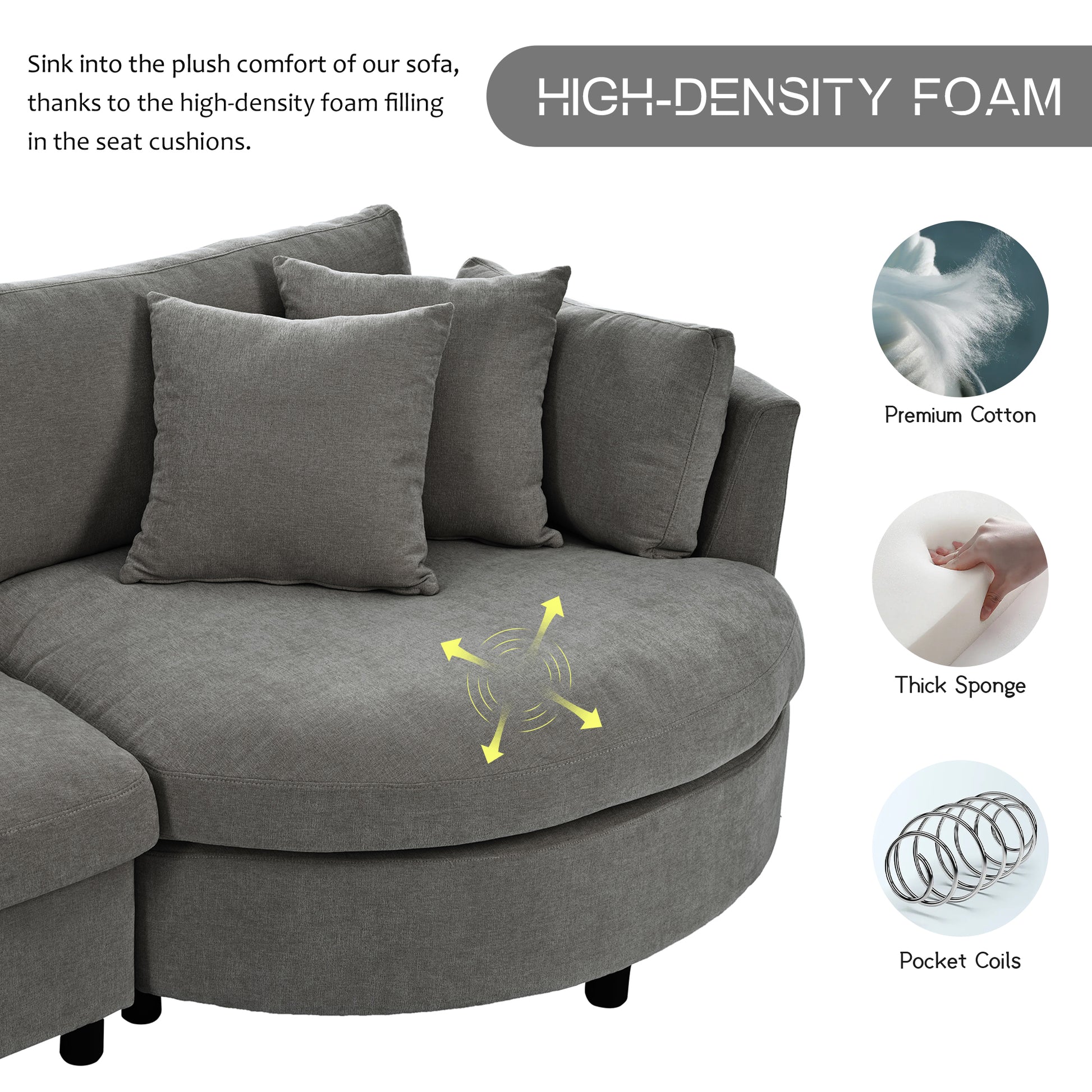 Three Indoor Cushioned Combination Sofas With Three Pillows And Curved Seat, For Living Room, Study Room, And Apartment Gray Polyester