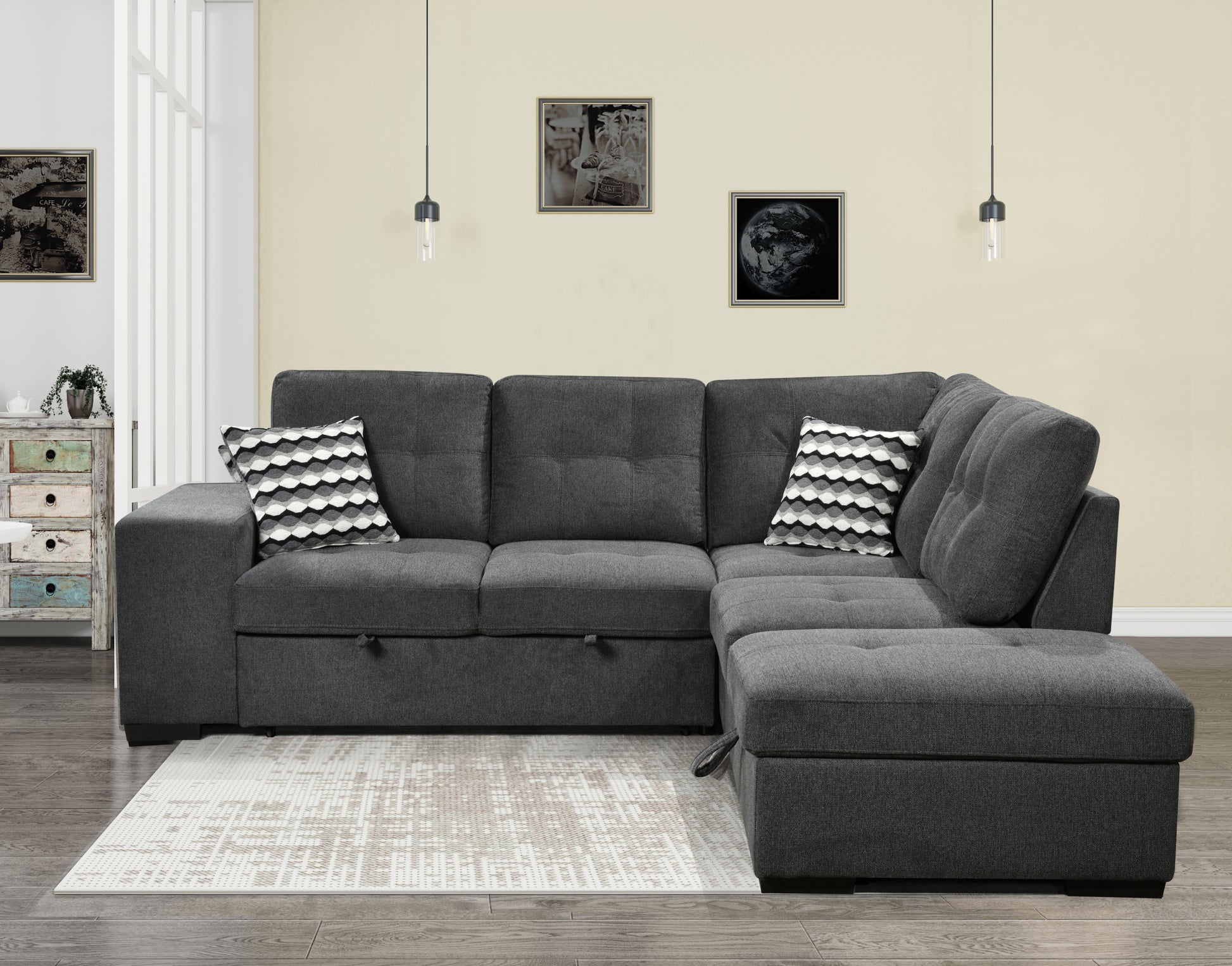 Sectional Pull Out Sofa Bed 101" Reversible L Shaped Corner Sleeper Upholstered Couch With Storage Ottoman, 2 Pillows,Usb Ports,2 Stools For Living Room Furniture Sets,Apartments,Dark Gray Light Brown Wood Primary Living Space Heavy Duty Eucalyptus 4