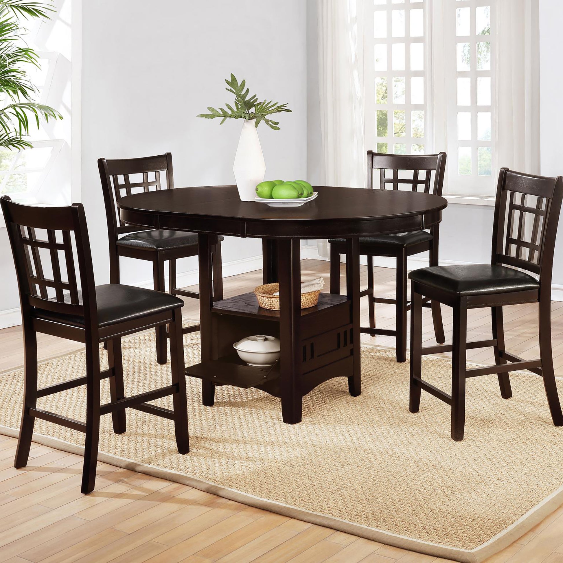 Black And Espresso Lattice Back Counter Height Stools Set Of 2 Solid Brown Espresso Dining Room Foam Spot Clean Transitional Rubberwood Open Back Foam Faux Leather