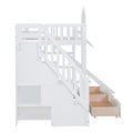 Twin Over Twin Castle Style Bunk Bed With 2 Drawers 3 Shelves And Slide White White Solid Wood