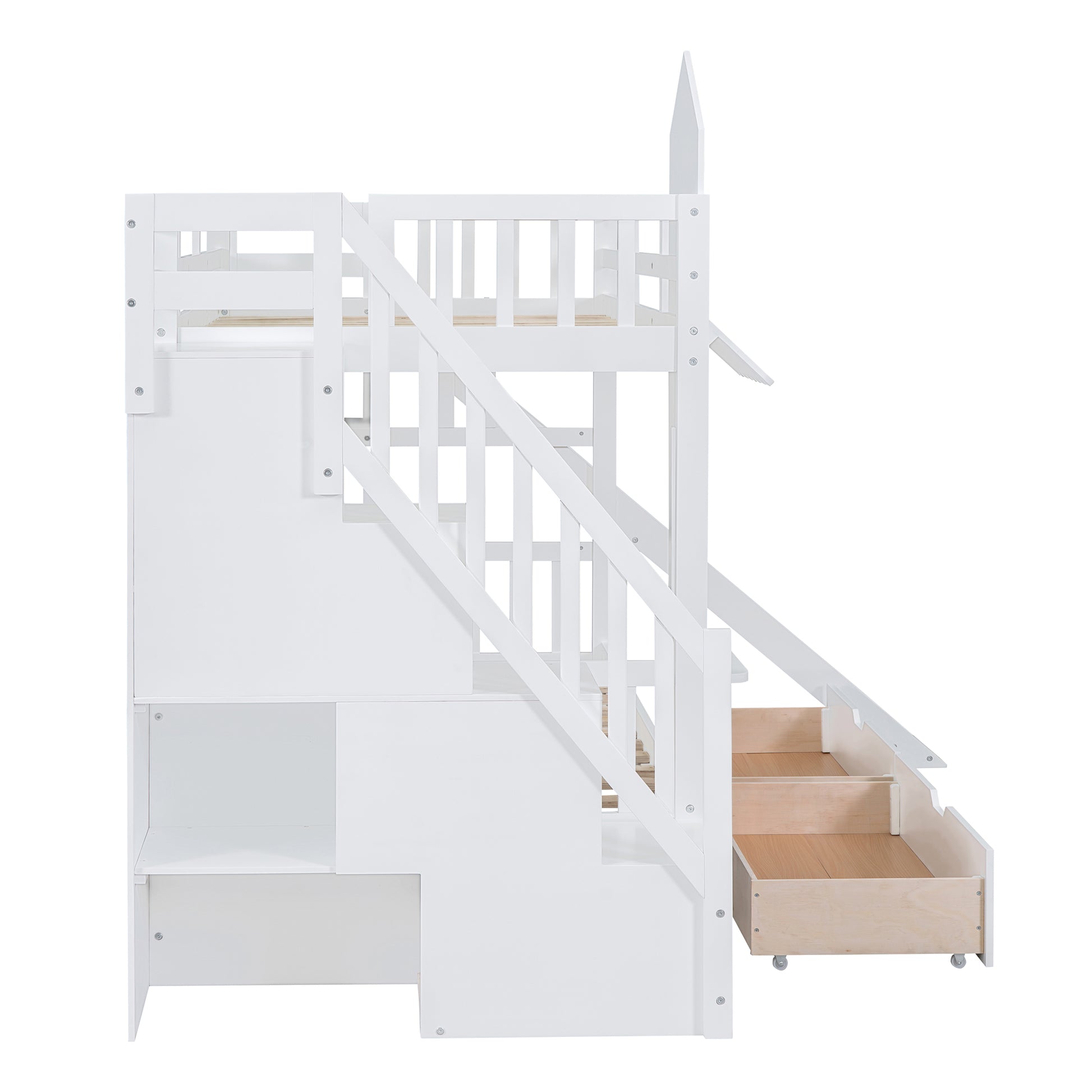 Twin Over Twin Castle Style Bunk Bed With 2 Drawers 3 Shelves And Slide White White Solid Wood