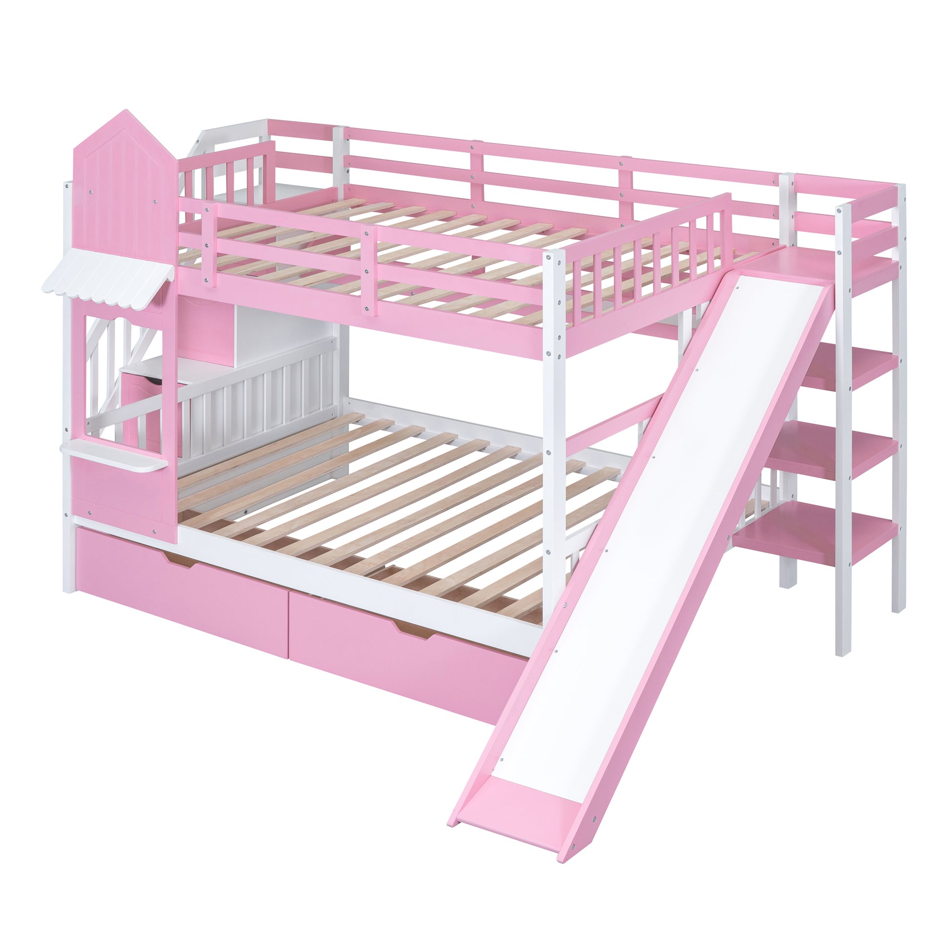 Full Over Full Castle Style Bunk Bed With 2 Drawers 3 Shelves And Slide Pink Pink Solid Wood