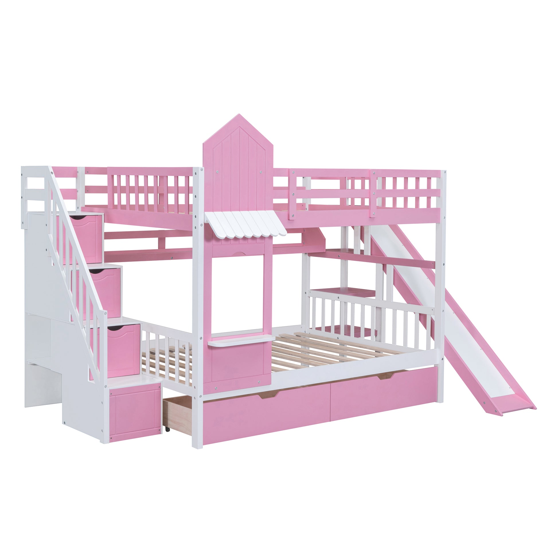 Full Over Full Castle Style Bunk Bed With 2 Drawers 3 Shelves And Slide Pink Pink Solid Wood