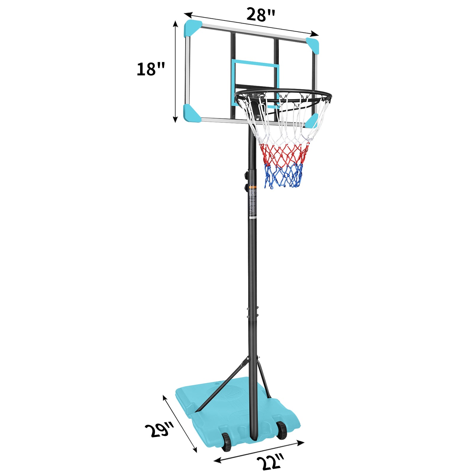 Portable Basketball Goal System With Stable Base And Wheels, Use For Indoor Outdoor Teenagers Youth Height Adjustable 5.6 To 7Ft Basketball Hoop 28 Inch Backboard Blue Sporty Iron